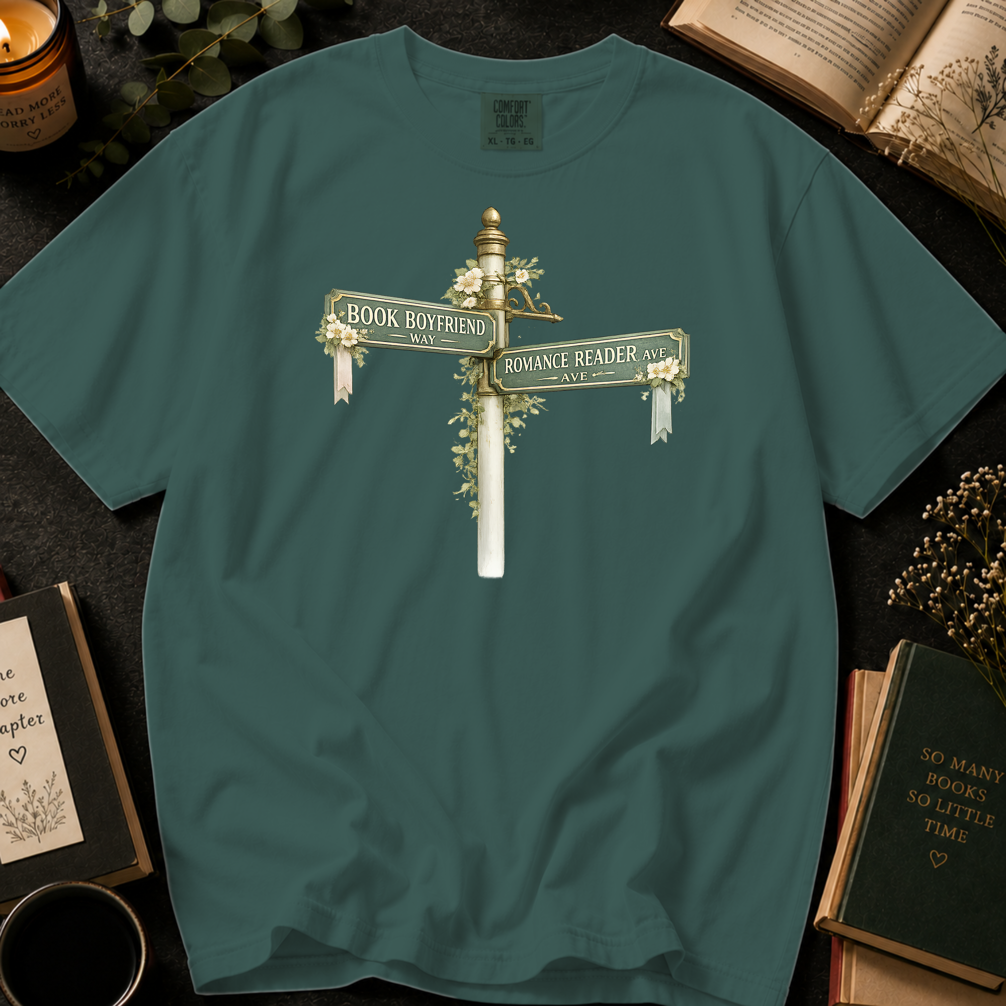 Book Boyfriend Way and Romance Reader Ave T-Shirt: Vintage Street Sign in Blue Spruce - Comfort Colors® T-Shirt