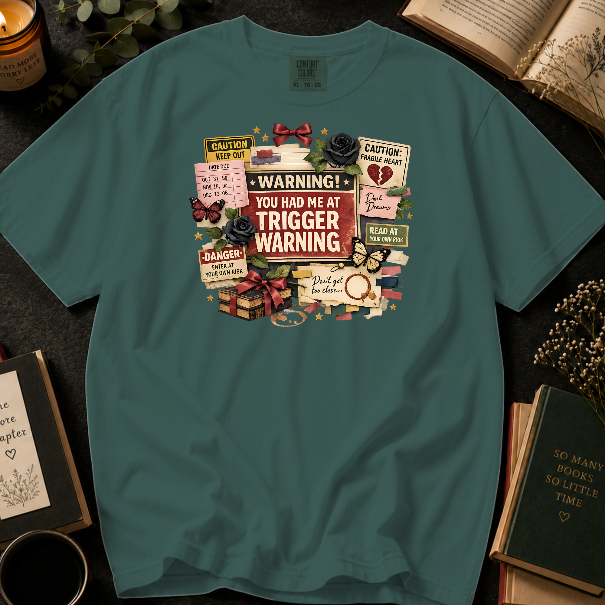 You Had Me At Trigger Warning T-Shirt: Warning Label Collage in Blue Spruce - Comfort Colors® T-Shirt