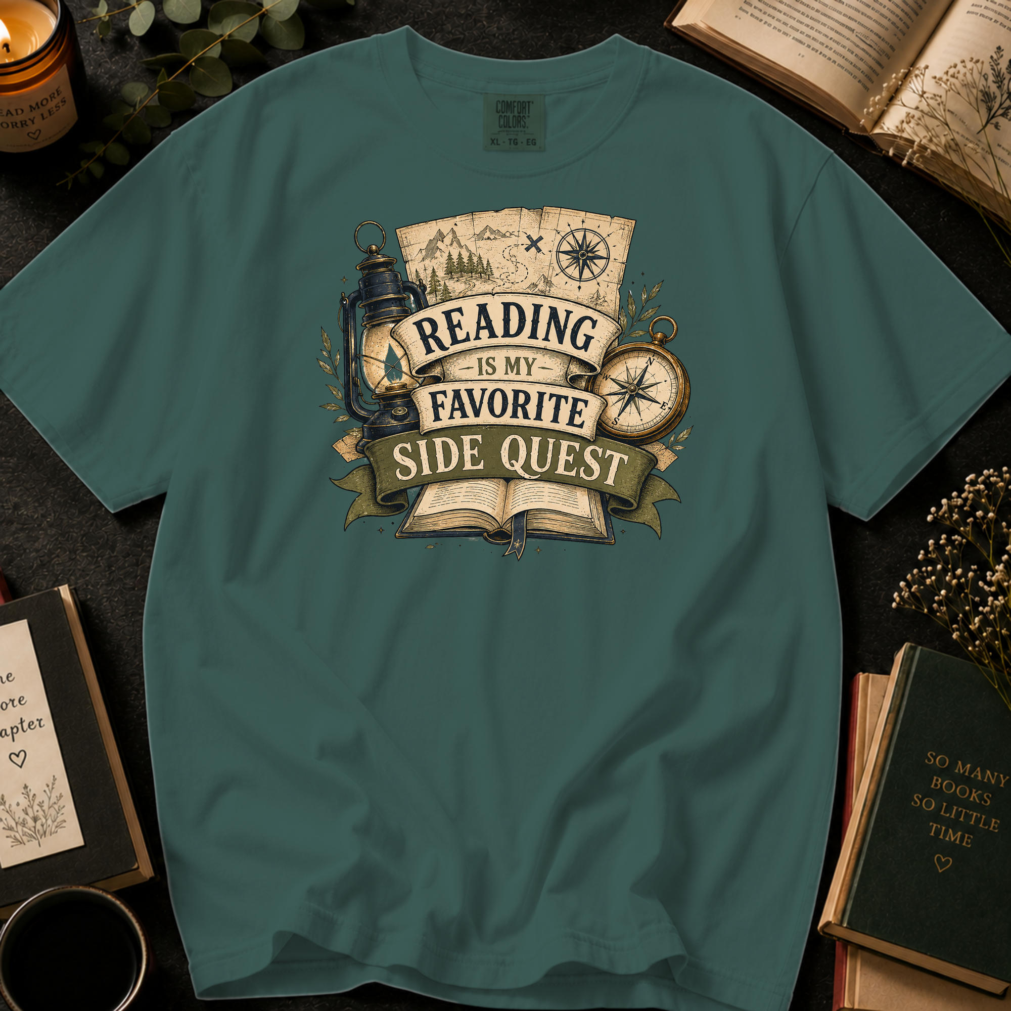 Reading Is My Favorite Side Quest T-Shirt: Vintage Map and Compass in Blue Spruce - Comfort Colors® T-Shirt
