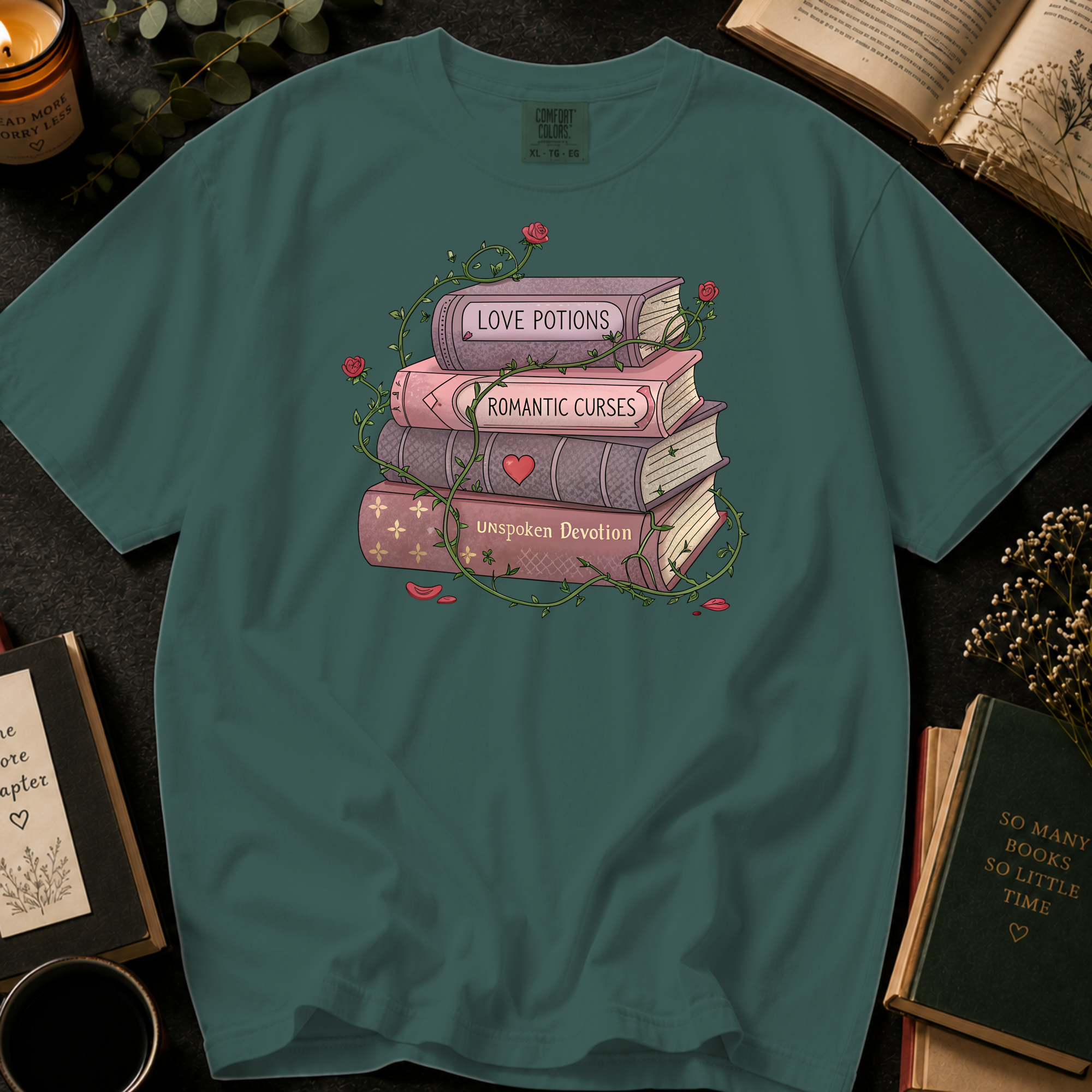 Love Potions and Romantic Curses T-Shirt: Rose Wrapped Book Stack in Blue Spruce - Comfort Colors® T-Shirt