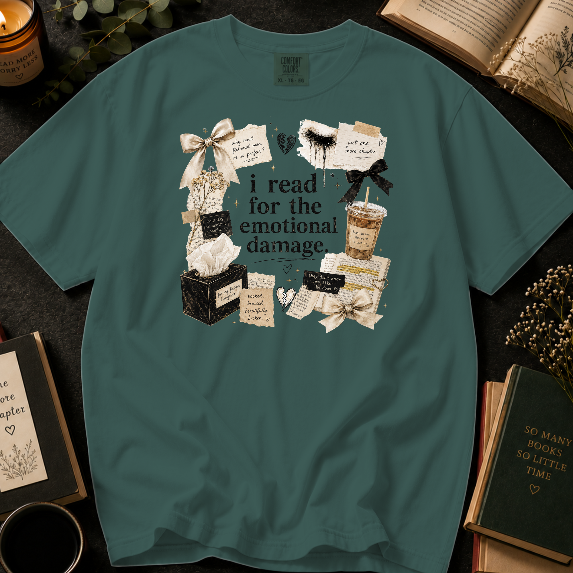 I Read For The Emotional Damage T-Shirt: Book Lover Collage in Blue Spruce - Comfort Colors® T-Shirt