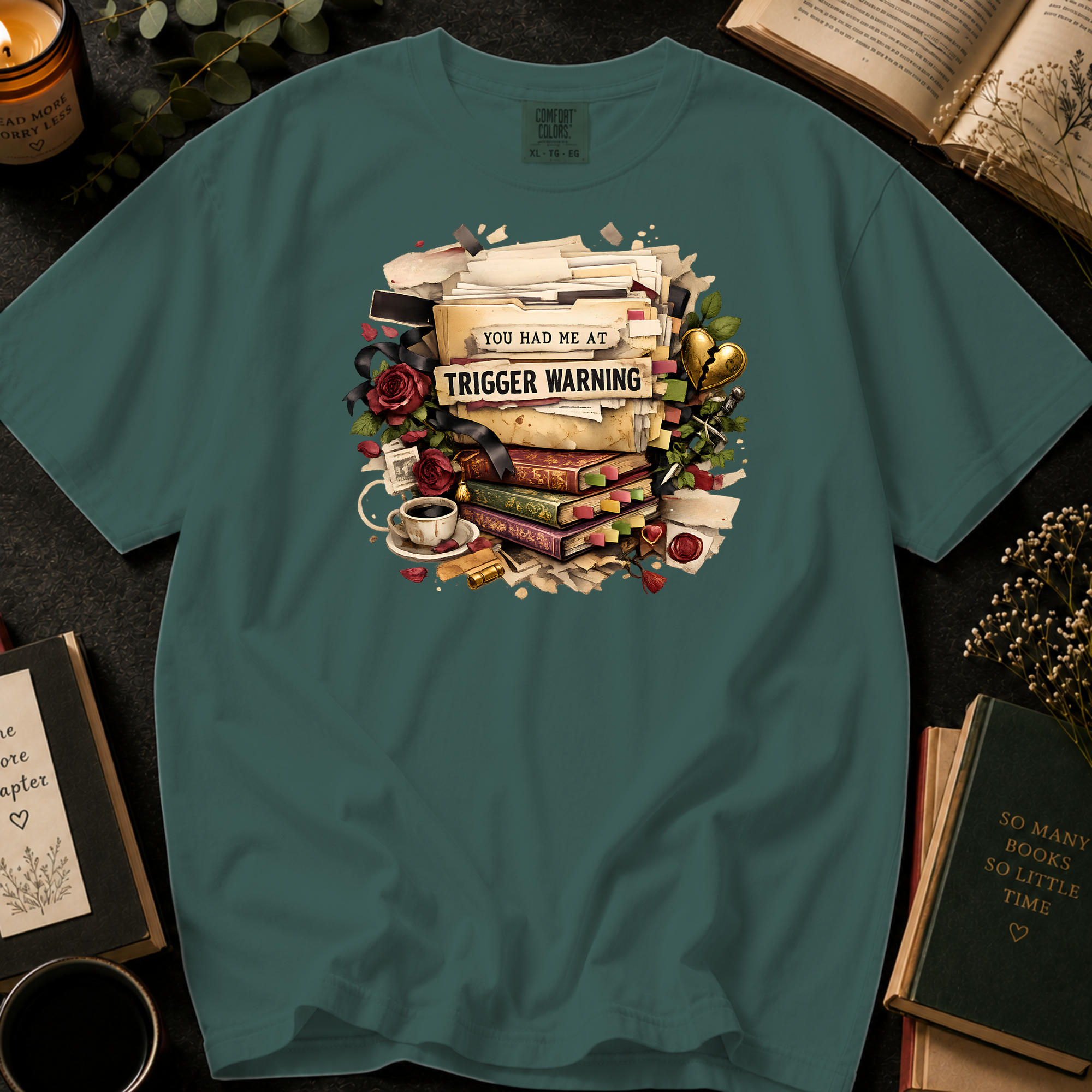 You Had Me At Trigger Warning T-Shirt: Vintage Book Stack in Blue Spruce - Comfort Colors® T-Shirt
