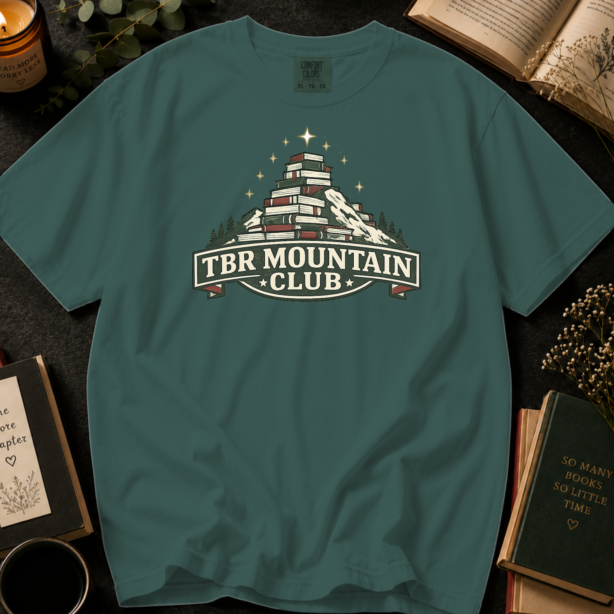 TBR Mountain Club T-Shirt: Book Stack Mountain in Blue Spruce - Comfort Colors® T-Shirt