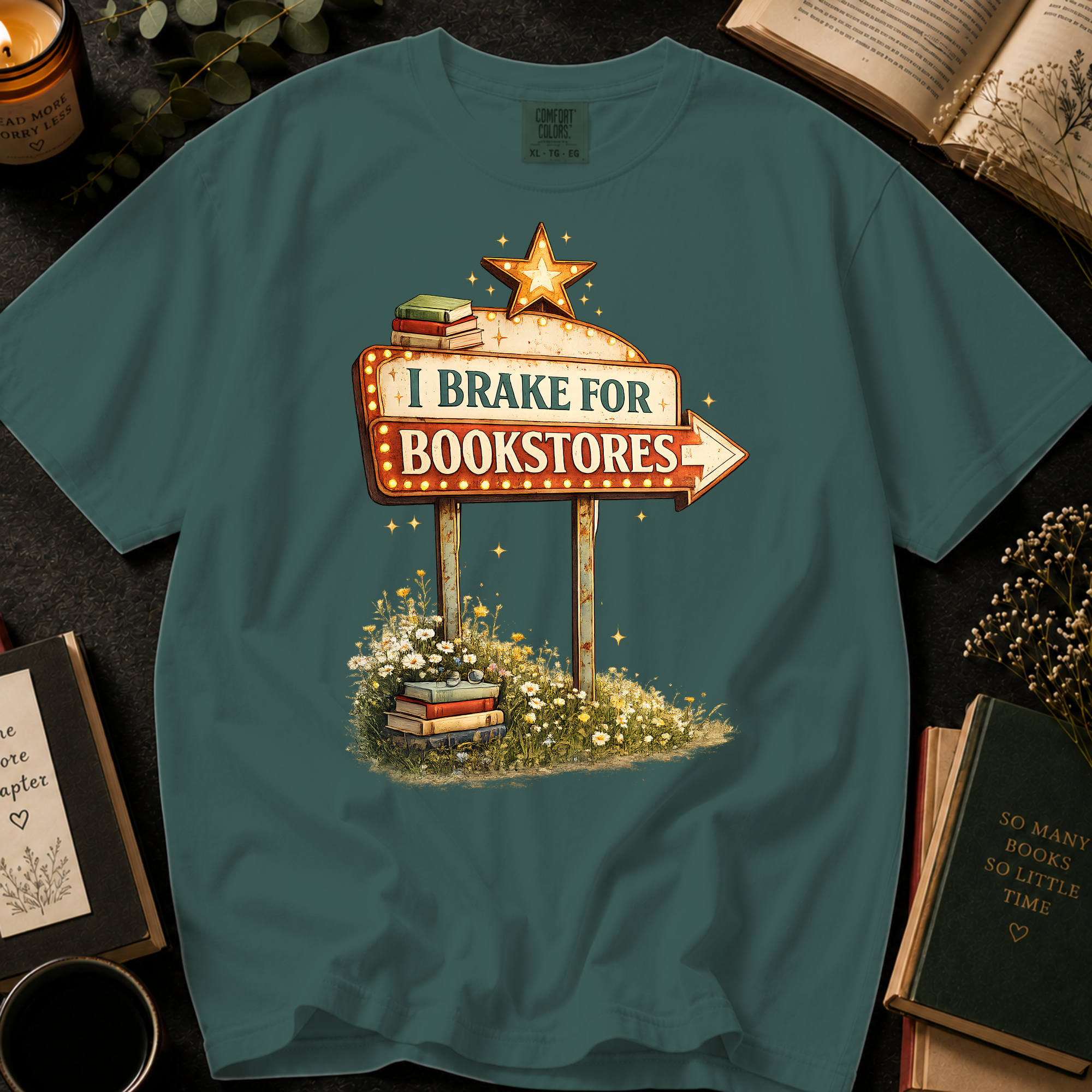 I Brake for Bookstores T-Shirt: Vintage Marquee Sign in Blue Spruce - Comfort Colors® T-Shirt