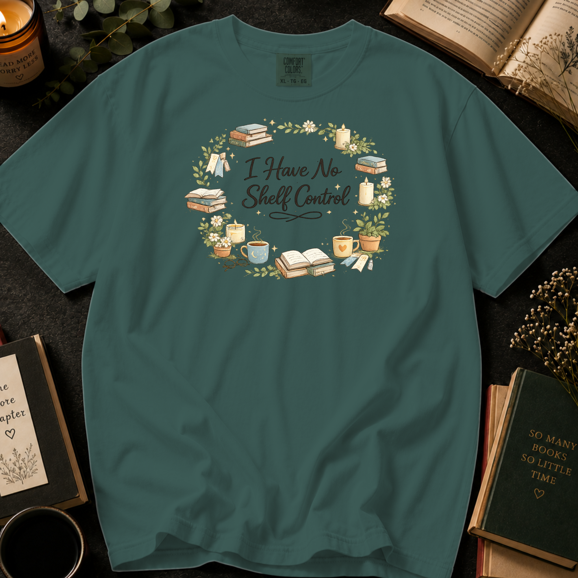 I Have No Shelf Control T-Shirt: Cozy Wreath in Blue Spruce - Comfort Colors® T-Shirt