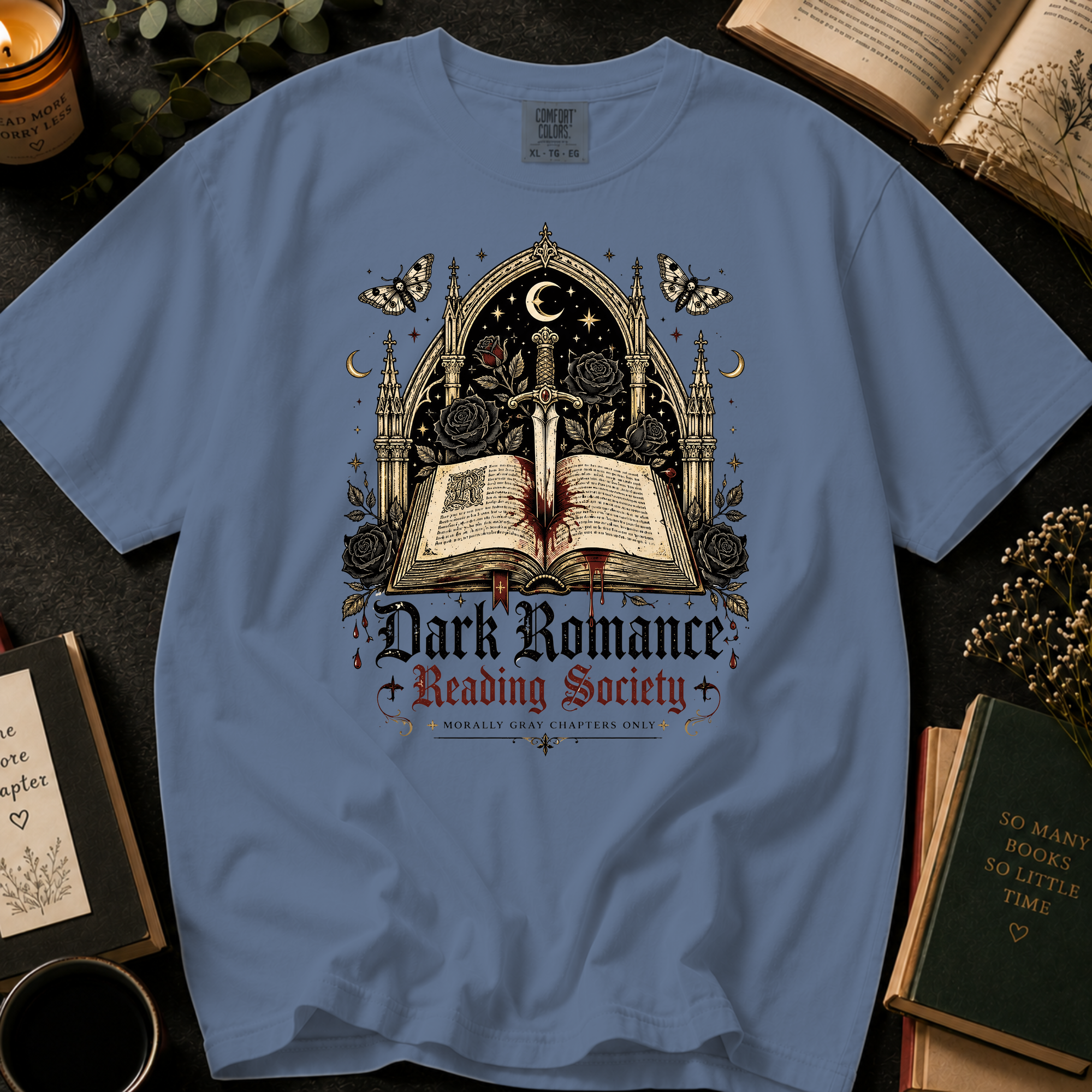 Dark Romance Reading Society T-Shirt: Gothic Dagger and Book in Blue Jean - Comfort Colors® T-Shirt