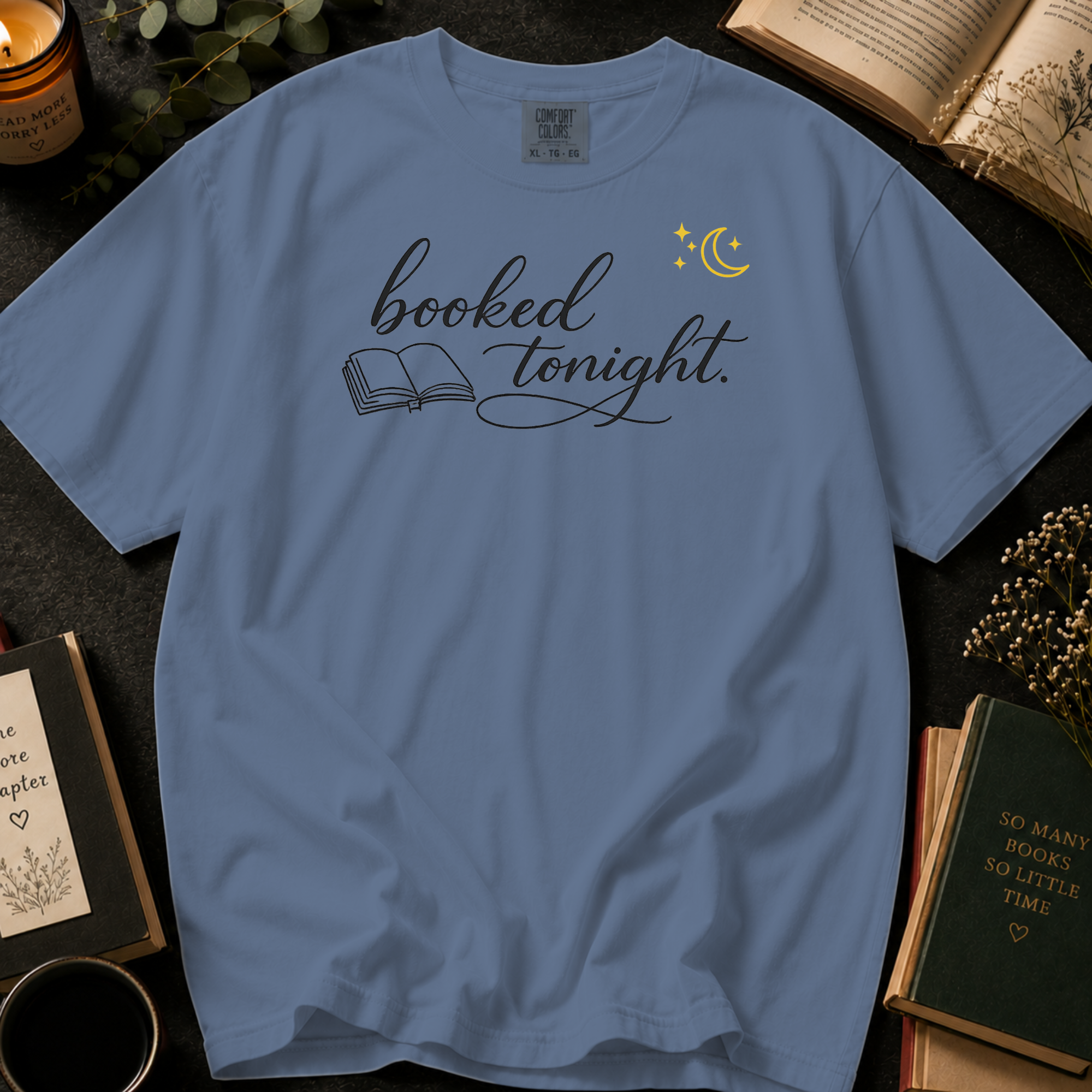 Booked Tonight T-Shirt: Cozy Evening Reading in Blue Jean - Comfort Colors® T-Shirt