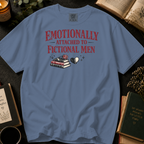 Emotionally Attached to Fictional Men T-Shirt: Broken Heart Book Stack in Blue Jean - Comfort Colors® T-Shirt