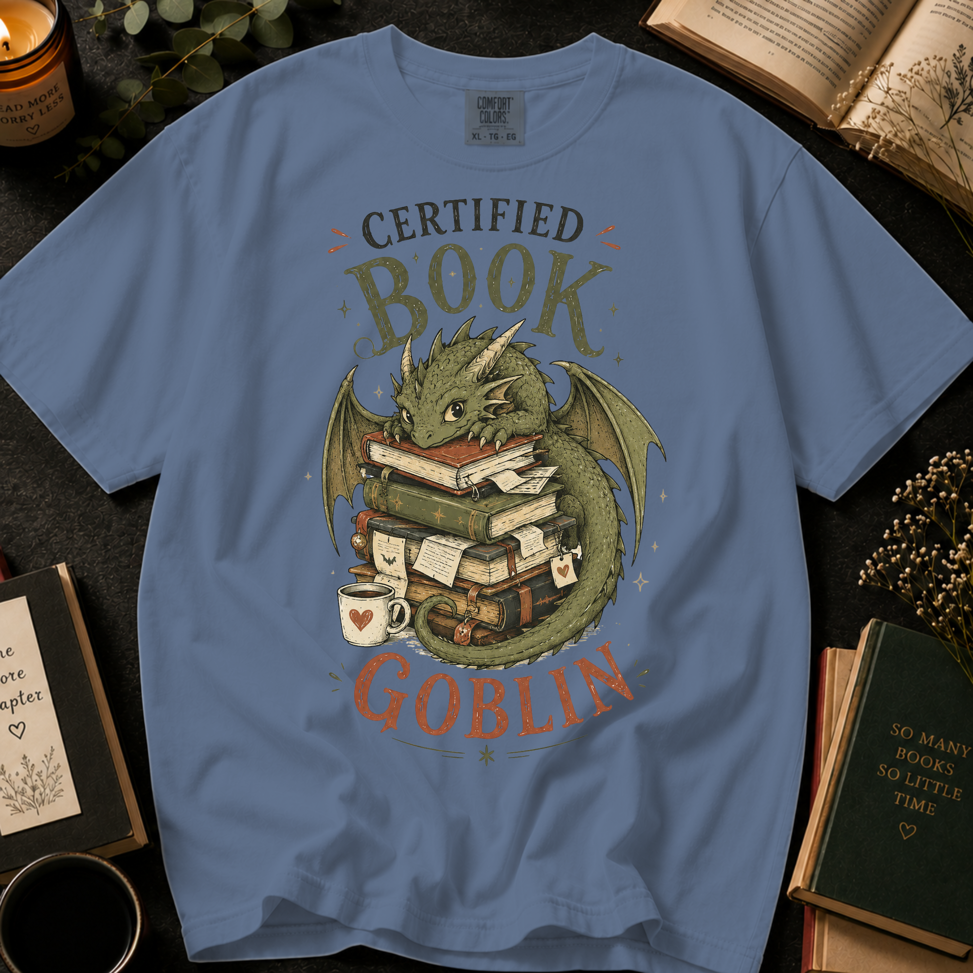 Certified Book Goblin T-Shirt: Cute Dragon Hoarding Books in Blue Jean - Comfort Colors® T-Shirt