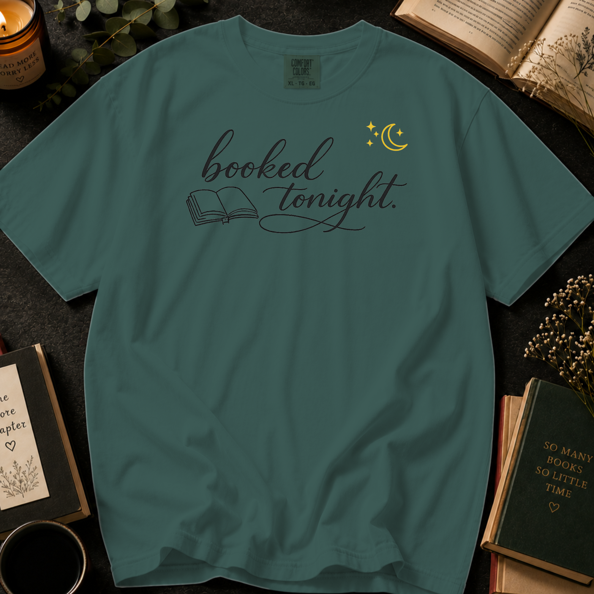 Booked Tonight T-Shirt: Cozy Evening Reading in Blue Spruce - Comfort Colors® T-Shirt