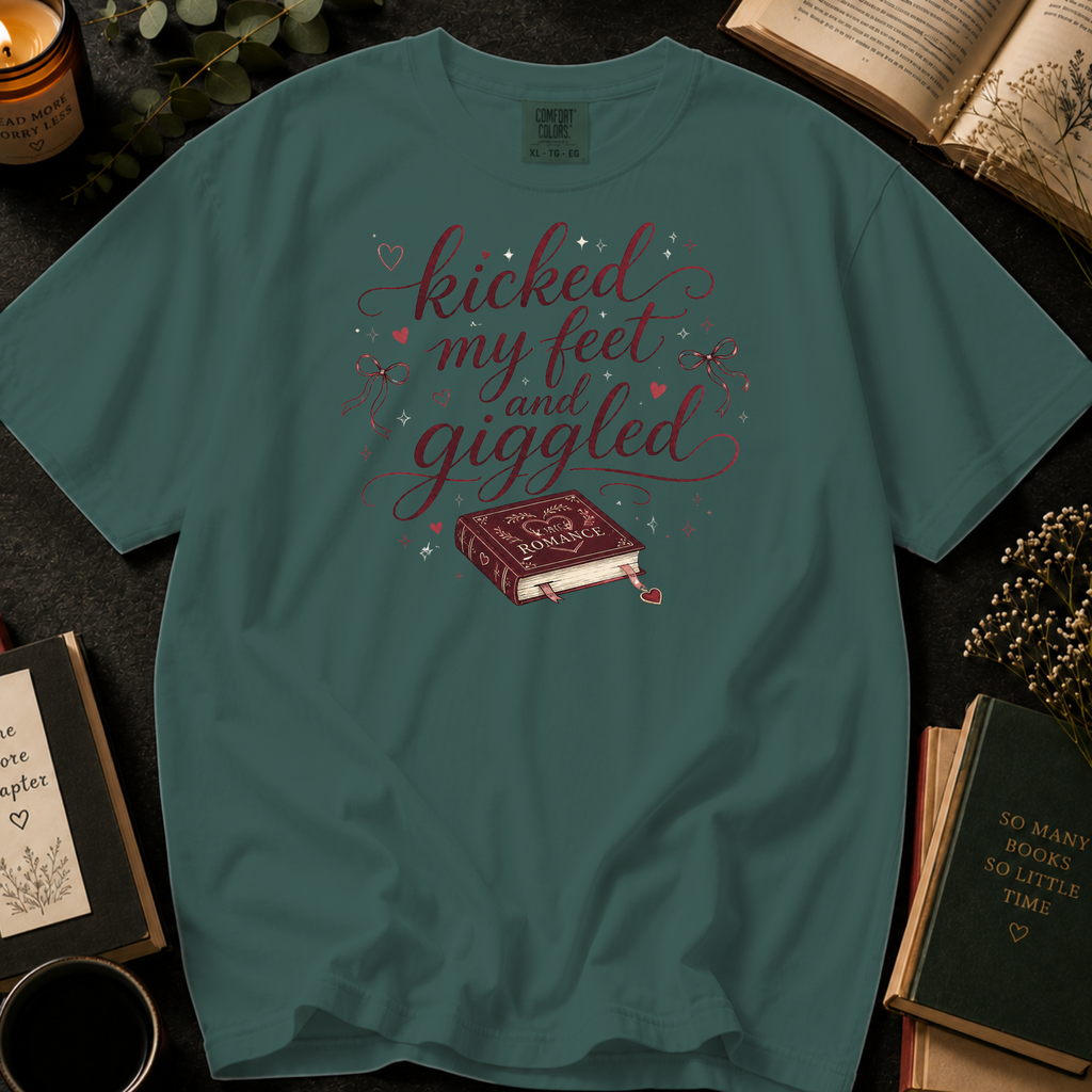 Kicked My Feet and Giggled T-Shirt: Romance Book in Blue Spruce - Comfort Colors® T-Shirt