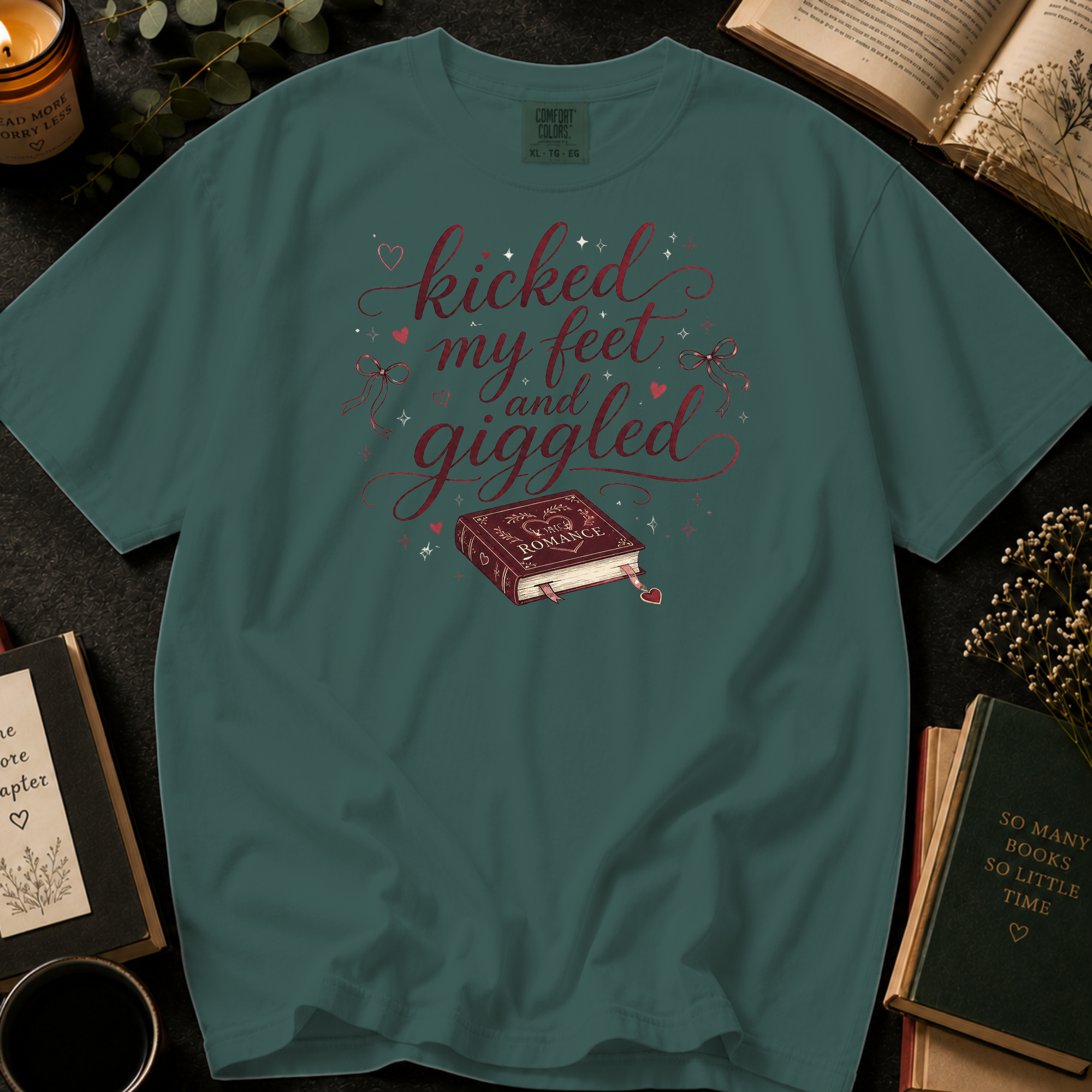 Kicked My Feet and Giggled T-Shirt: Romance Book in Blue Spruce - Comfort Colors® T-Shirt