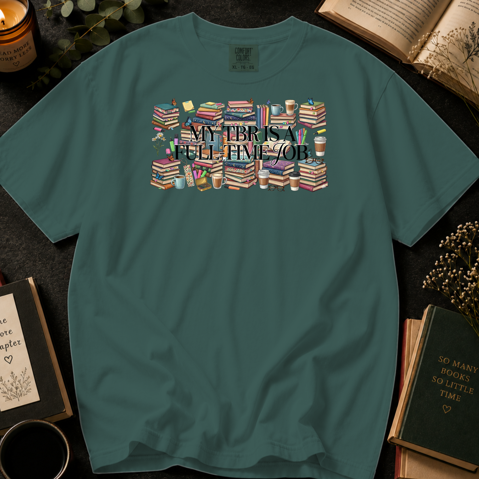 My TBR Is A Full-Time Job T-Shirt: Stacked Book Collage in Blue Spruce - Comfort Colors® T-Shirt