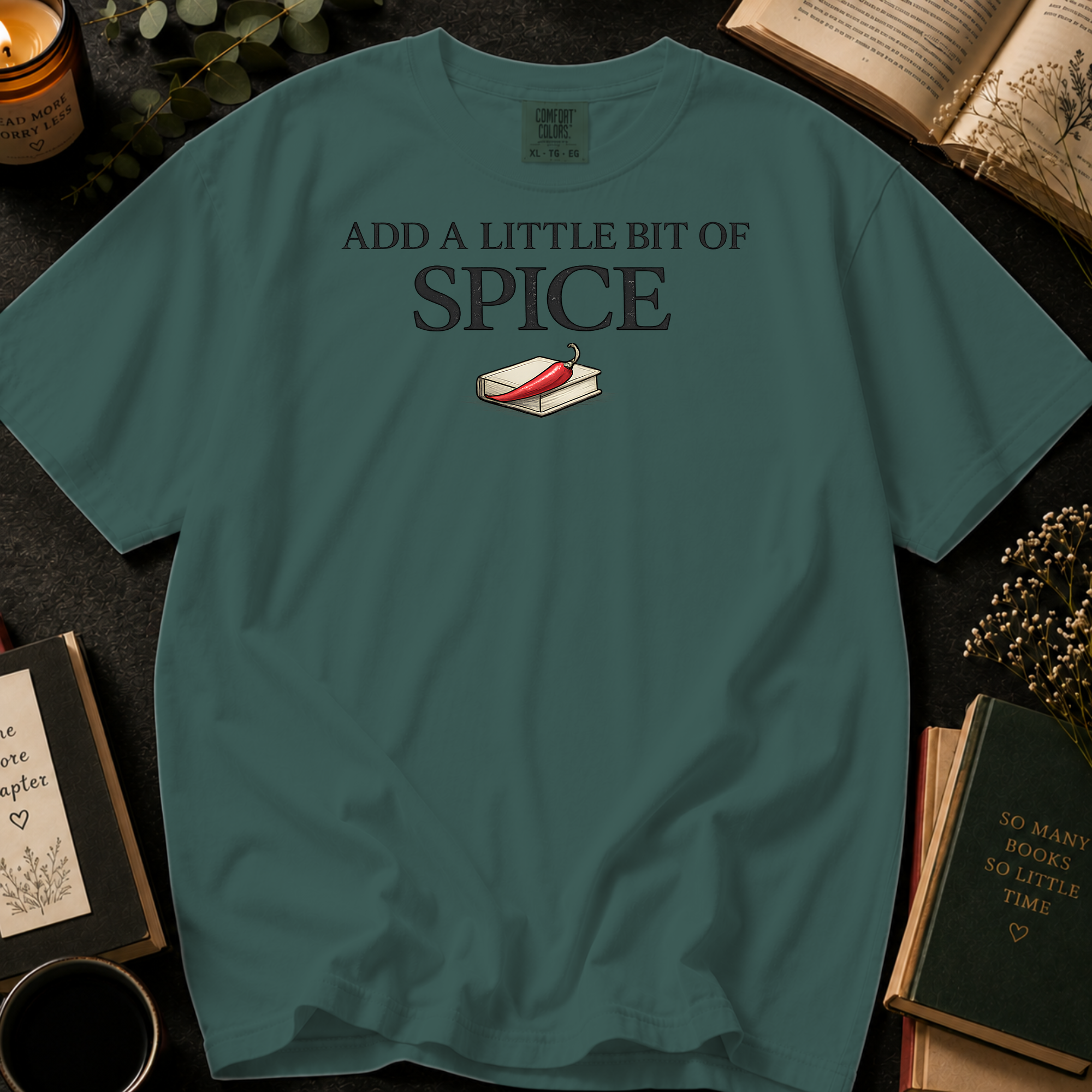 Add A Little Bit Of Spice T-Shirt: Chili and Book Minimalist in Blue Spruce - Comfort Colors® T-Shirt