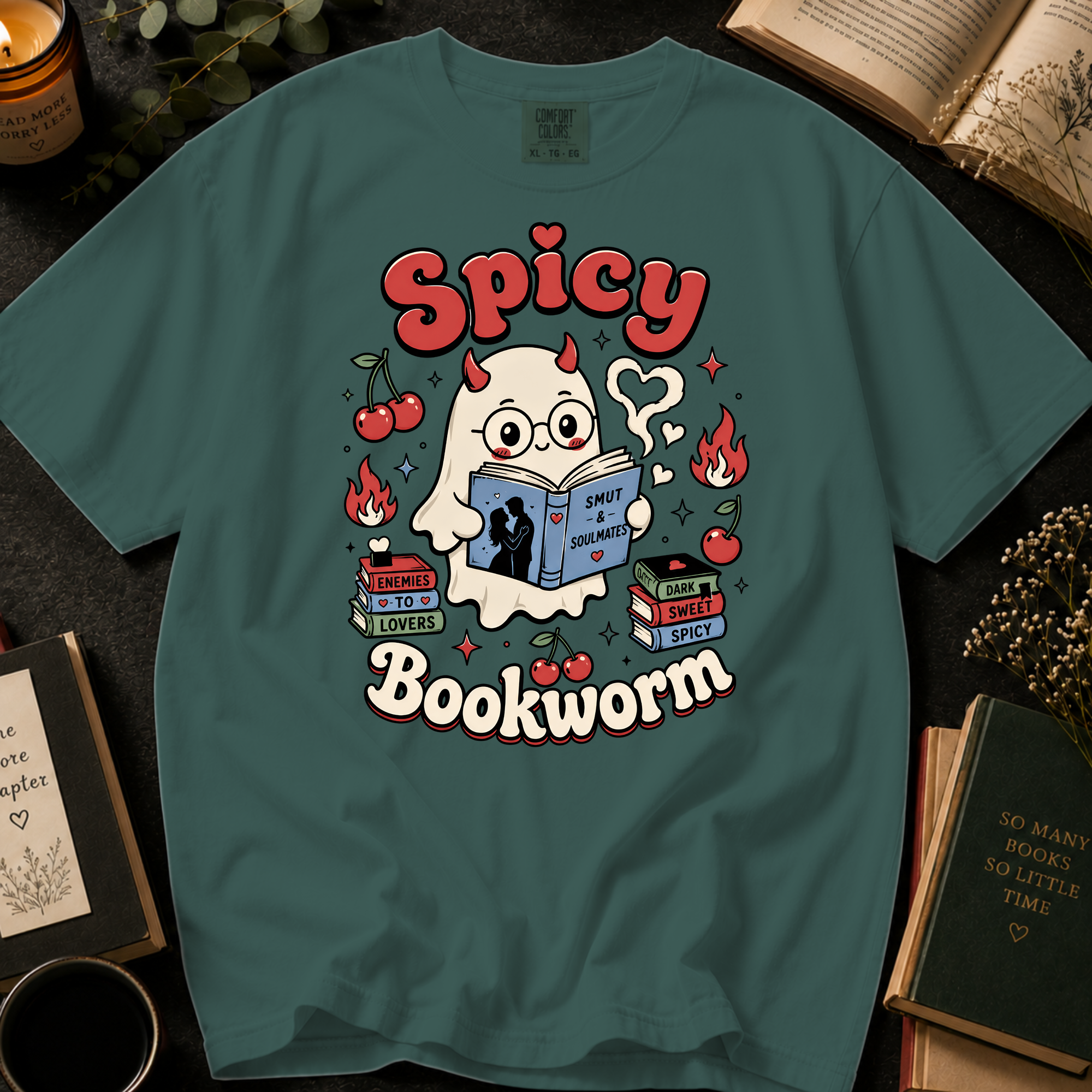 Spicy Bookworm T-Shirt: Cute Devil Ghost Reading in Blue Spruce - Comfort Colors® T-Shirt