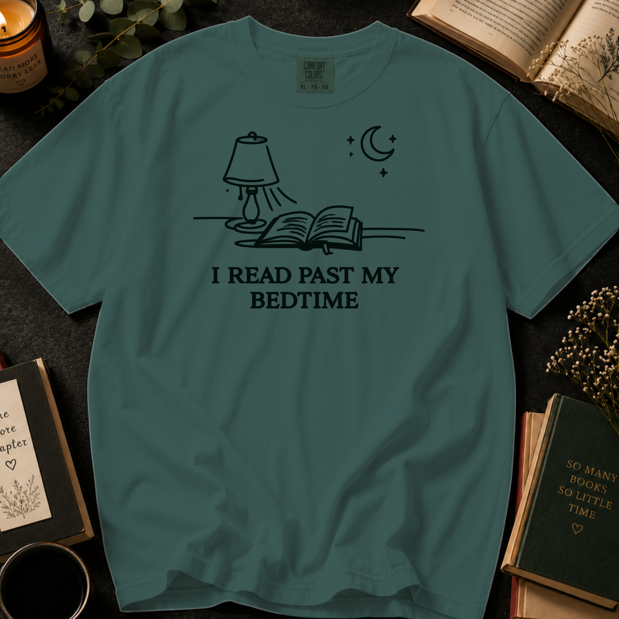 I Read Past My Bedtime T-Shirt: Nightstand Lamp and Book in Blue Spruce - Comfort Colors® T-Shirt