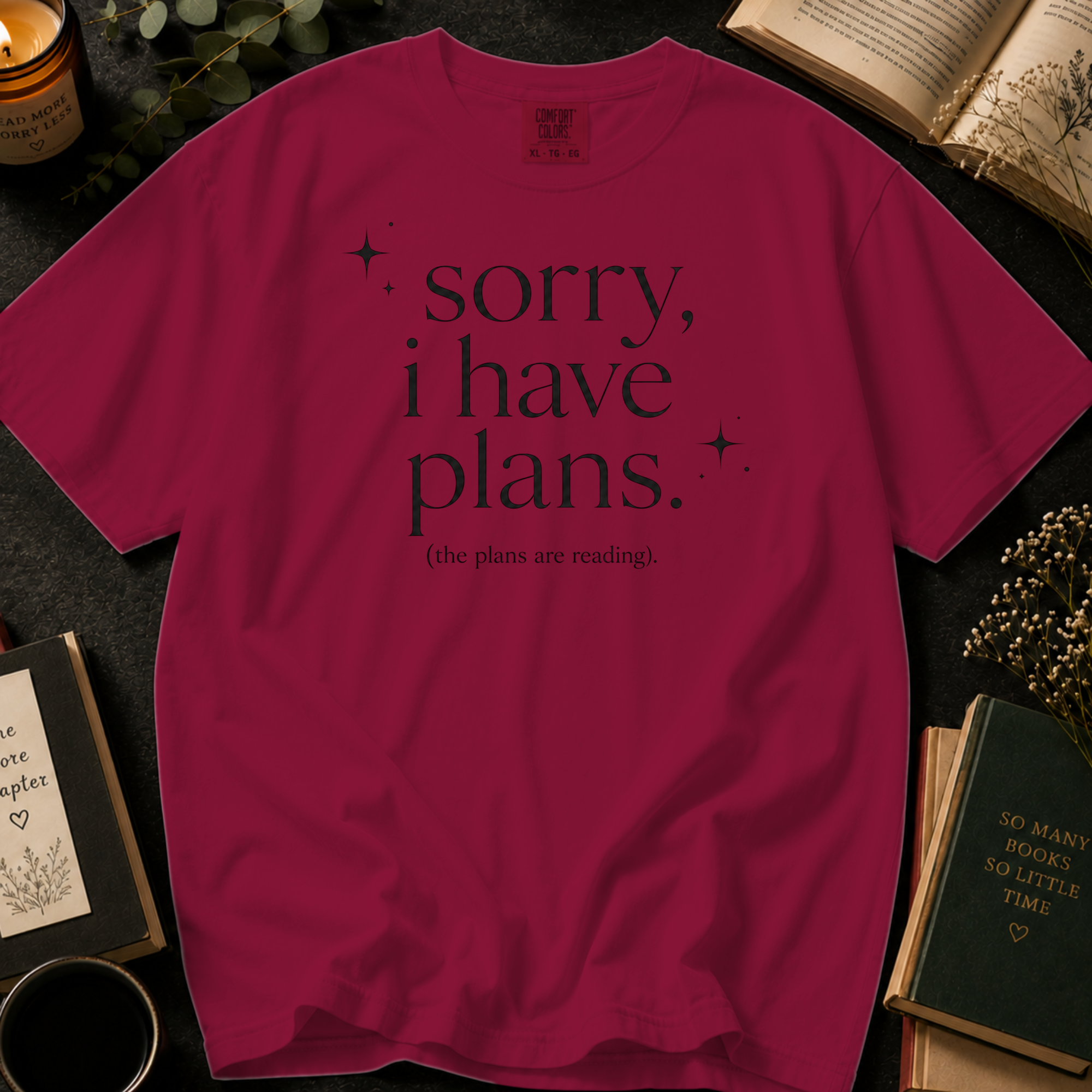 Sorry I Have Plans T-Shirt: The Plans Are Reading Minimalist in Brick - Comfort Colors® T-Shirt