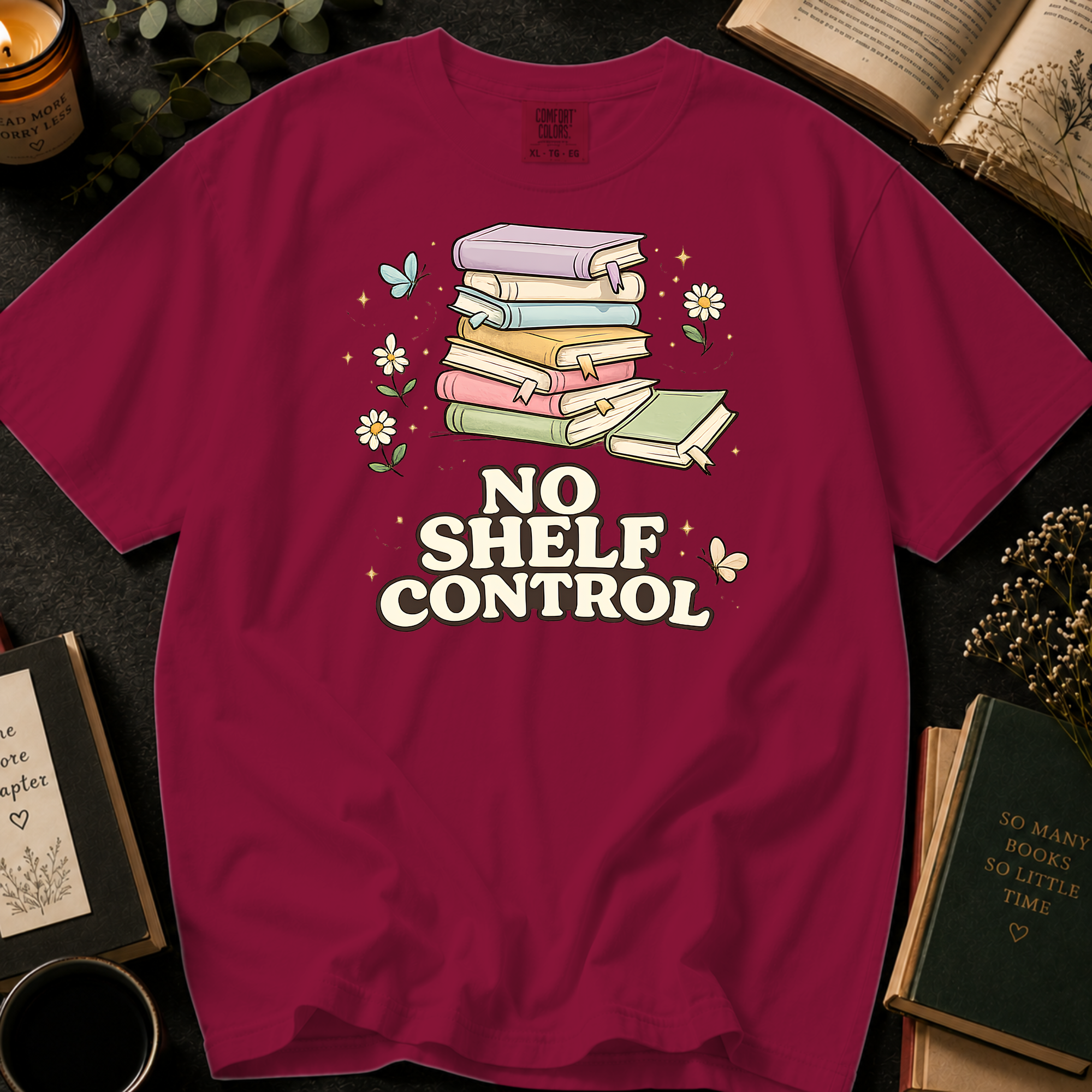 No Shelf Control T-Shirt: Pastel Book Stack in Brick - Comfort Colors® T-Shirt