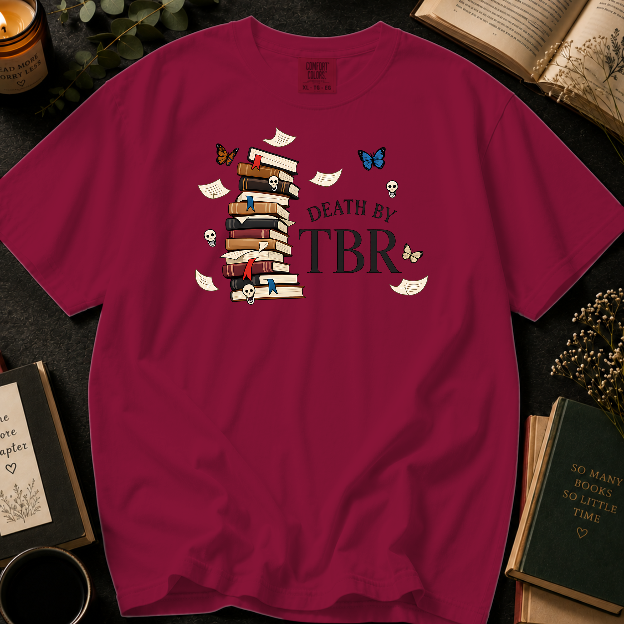 Death By TBR T-Shirt: Gothic Book Stack in Brick - Comfort Colors® T-Shirt