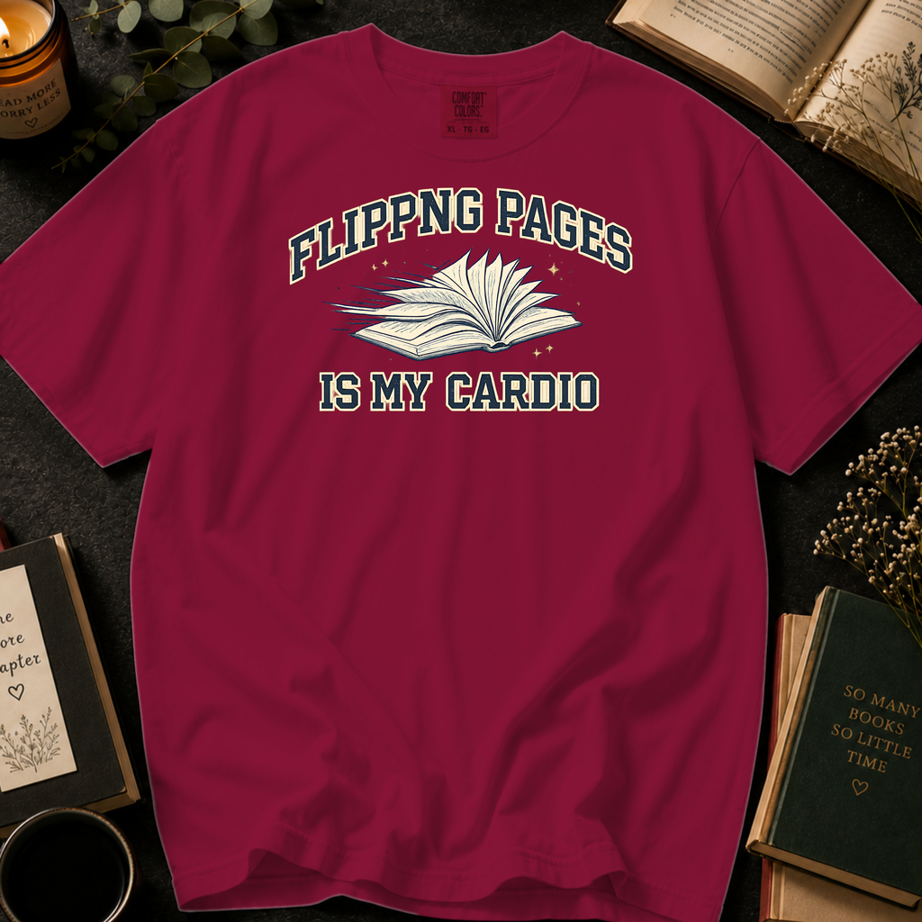 Flipping Pages Is My Cardio T-Shirt: Varsity Book in Brick - Comfort Colors® T-Shirt