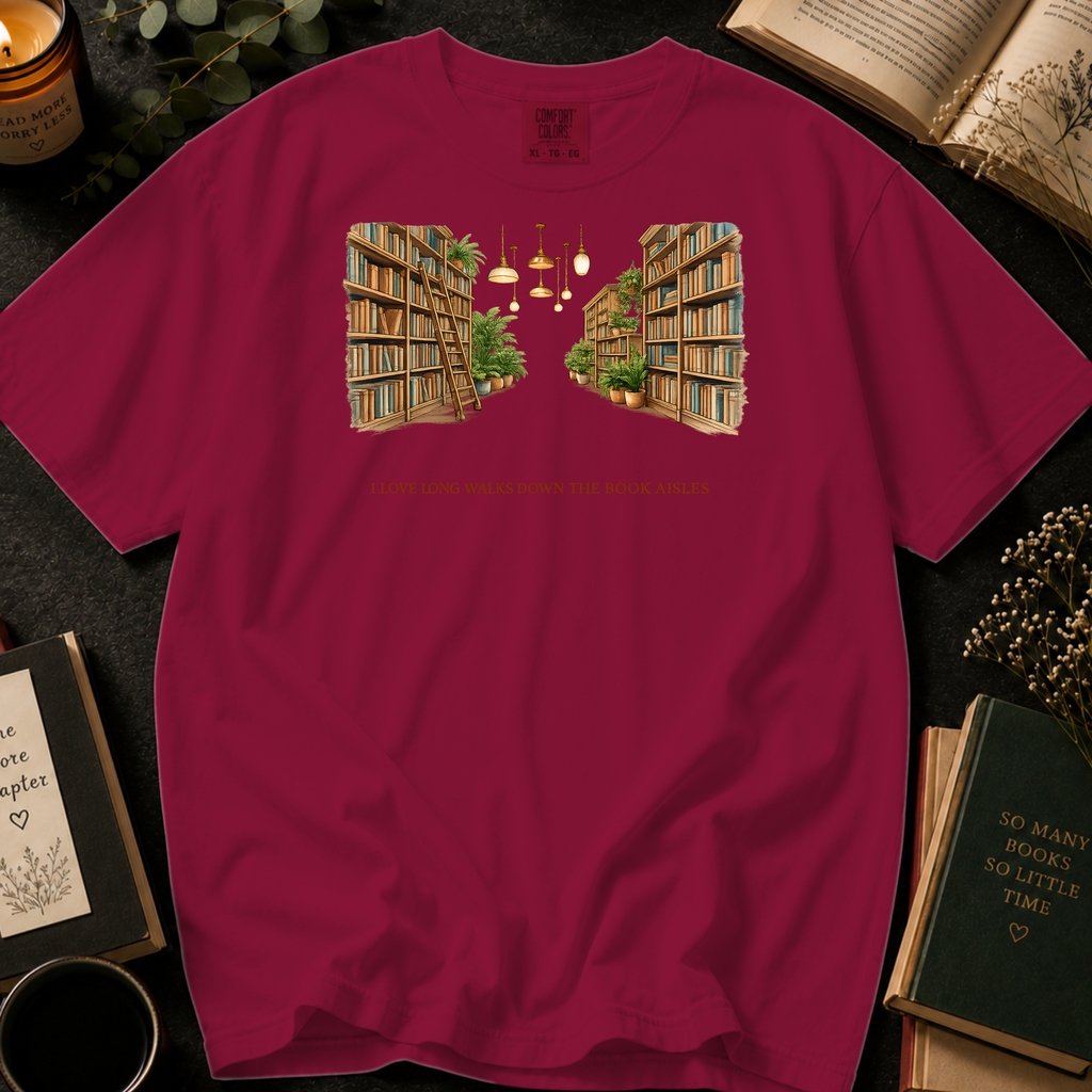 I Love Long Walks Down The Book Aisles T-Shirt: Cozy Library in Brick - Comfort Colors® T-Shirt