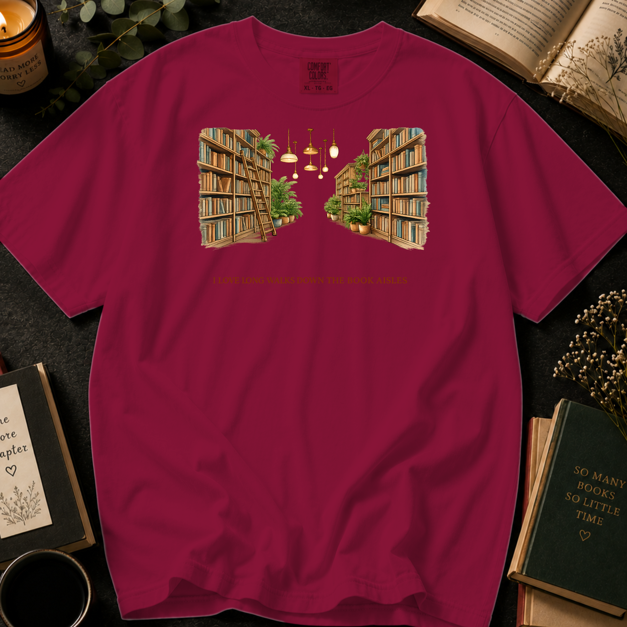 I Love Long Walks Down The Book Aisles T-Shirt: Cozy Library in Brick - Comfort Colors® T-Shirt