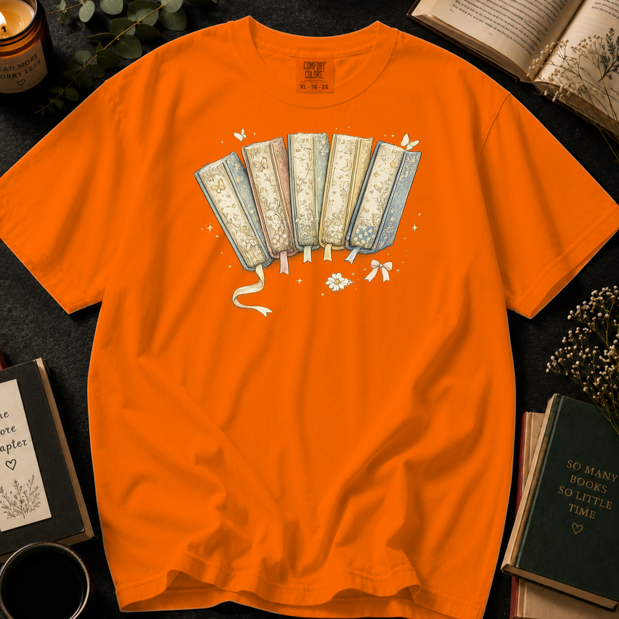 Vintage Floral Book Spines T-Shirt: Storybook Fan in Burnt Orange - Comfort Colors® T-Shirt