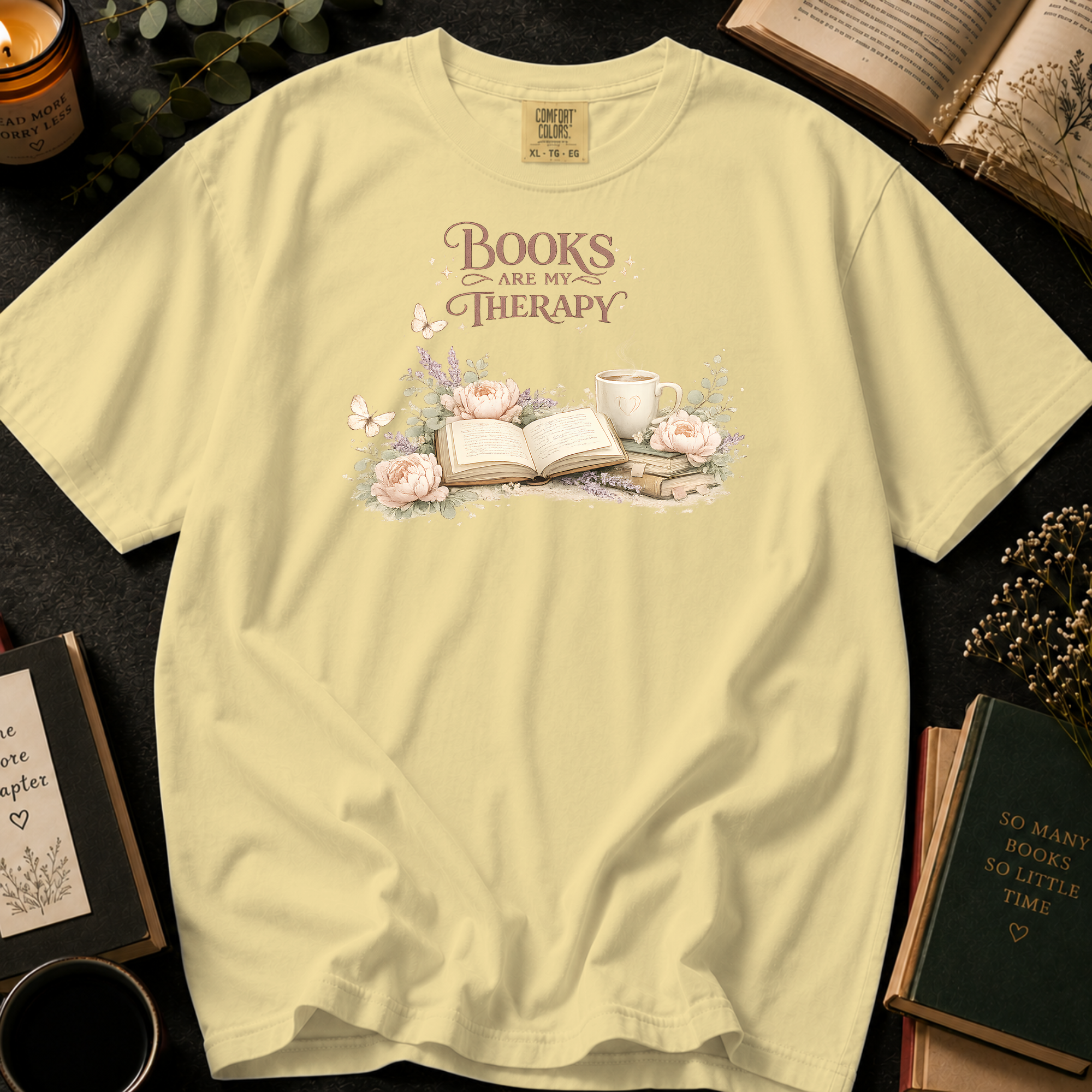 Books Are My Therapy T-Shirt: Floral Reading Nook in Butter - Comfort Colors® T-Shirt
