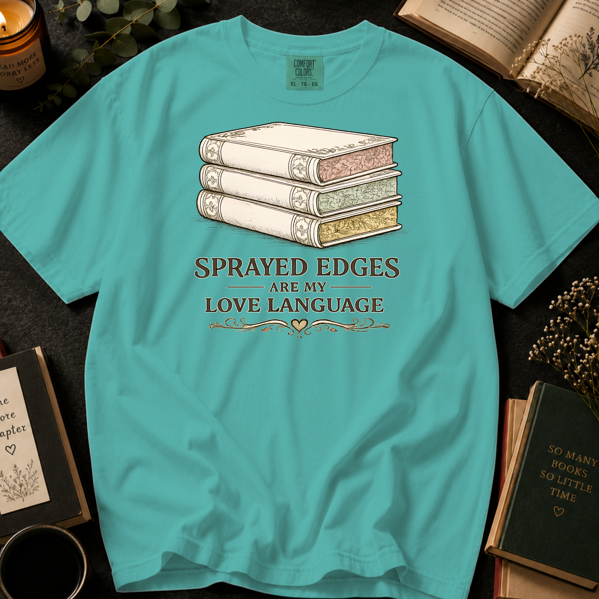 Sprayed Edges Are My Love Language T-Shirt: Vintage Book Stack in Chalky Mint - Comfort Colors® T-Shirt