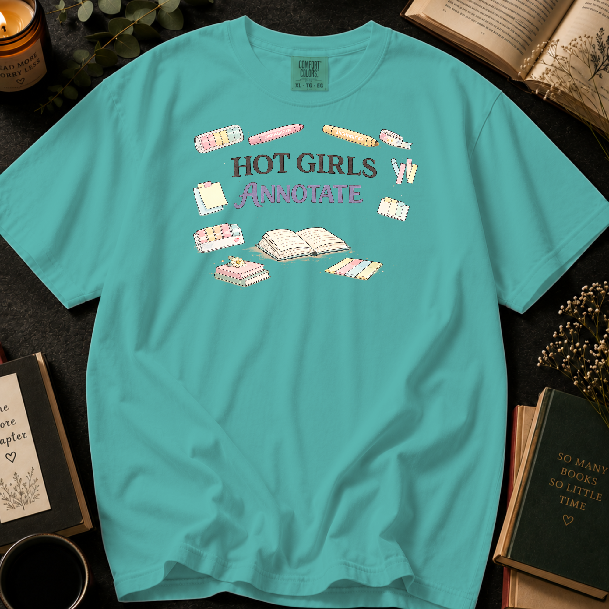 Hot Girls Annotate T-Shirt: Highlighters and Tabs in Chalky Mint - Comfort Colors® T-Shirt