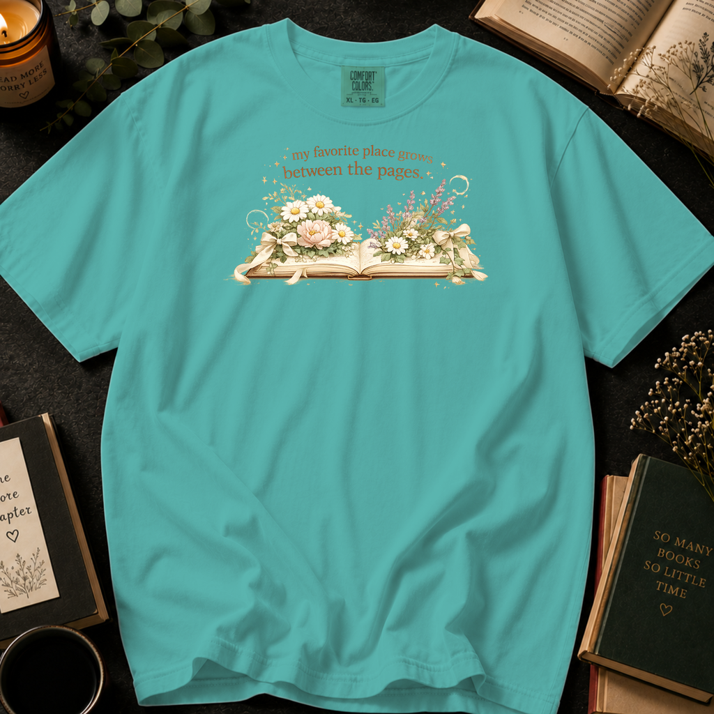 My Favorite Place Grows Between the Pages T-Shirt: Floral Open Book in Chalky Mint - Comfort Colors® T-Shirt
