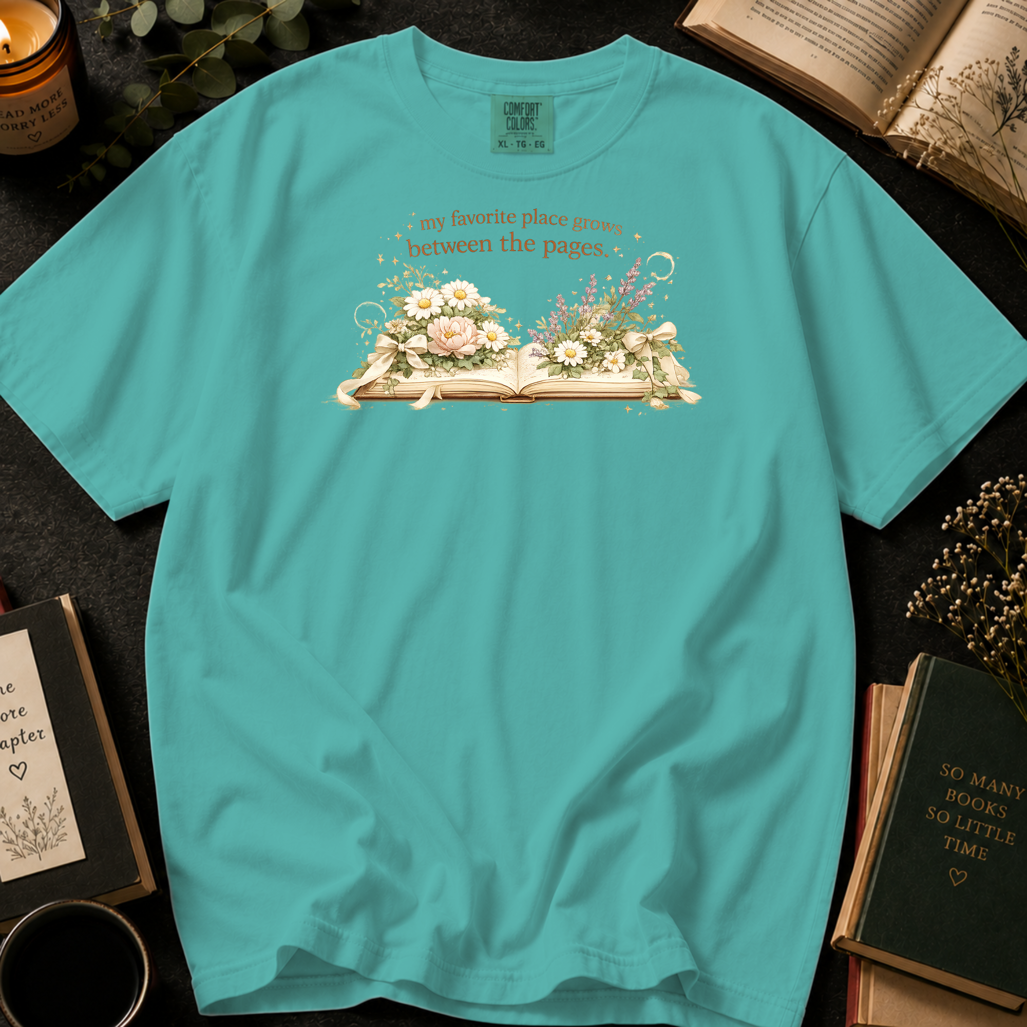 My Favorite Place Grows Between the Pages T-Shirt: Floral Open Book in Chalky Mint - Comfort Colors® T-Shirt