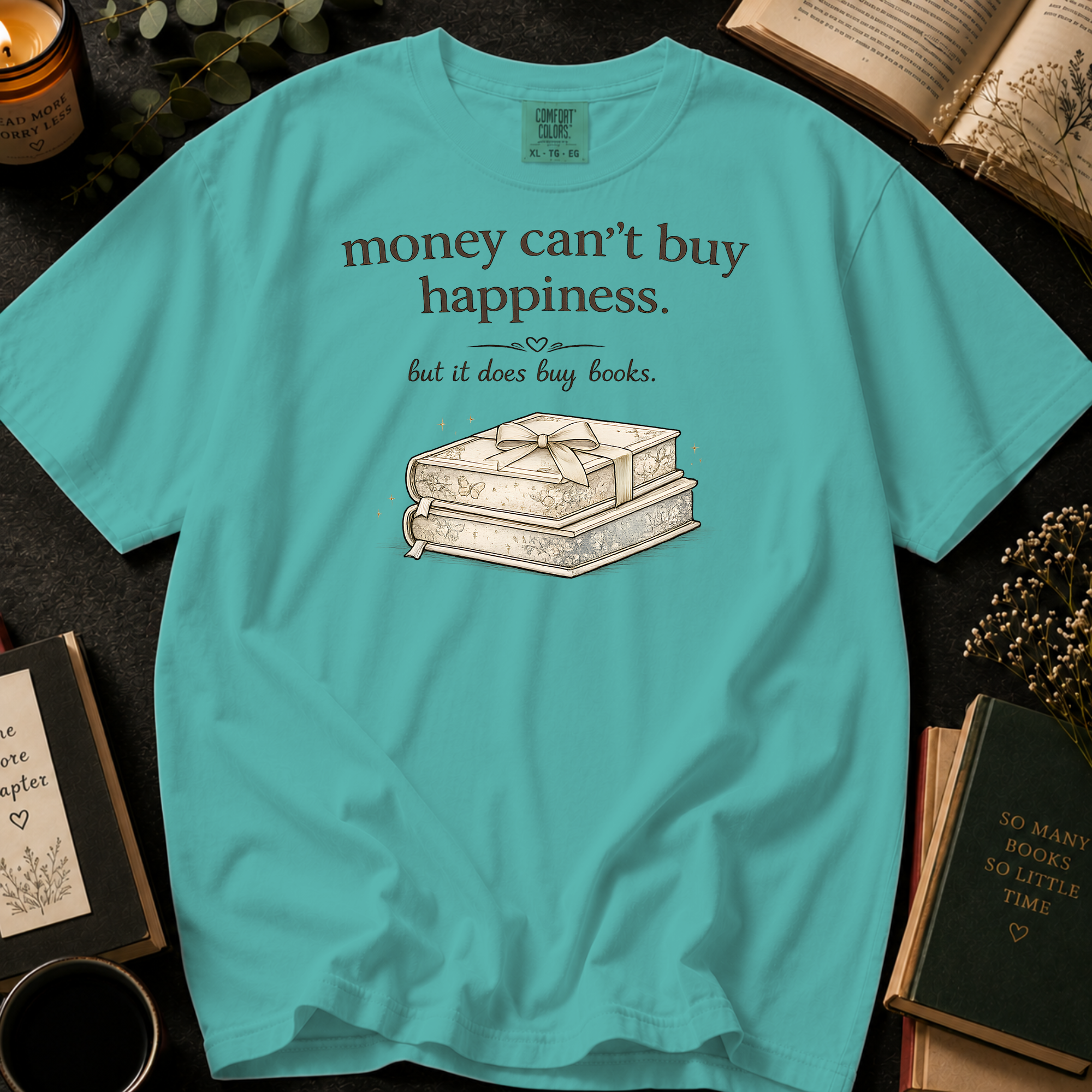 Money Can't Buy Happiness But It Does Buy Books T-Shirt: Gift Wrapped Stack in Chalky Mint - Comfort Colors® T-Shirt