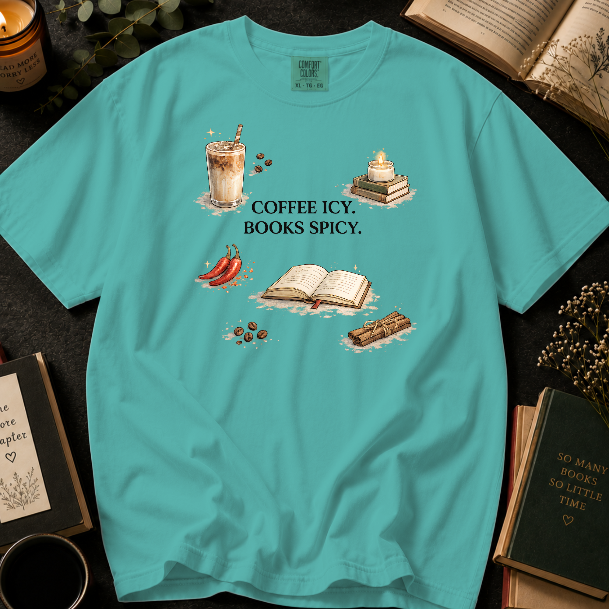 Coffee Icy, Books Spicy T-Shirt: Cinnamon and Chili in Chalky Mint - Comfort Colors® T-Shirt