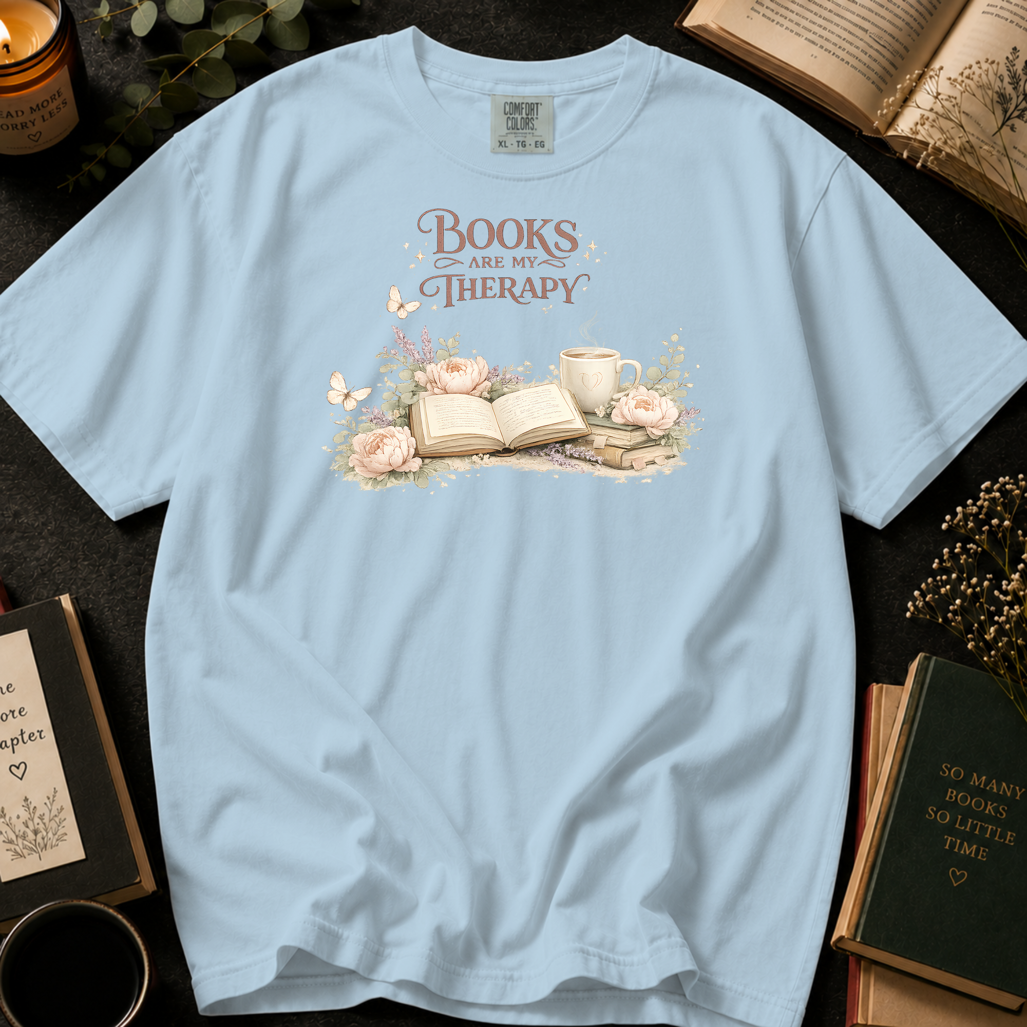 Books Are My Therapy T-Shirt: Floral Reading Nook in Chambray - Comfort Colors® T-Shirt