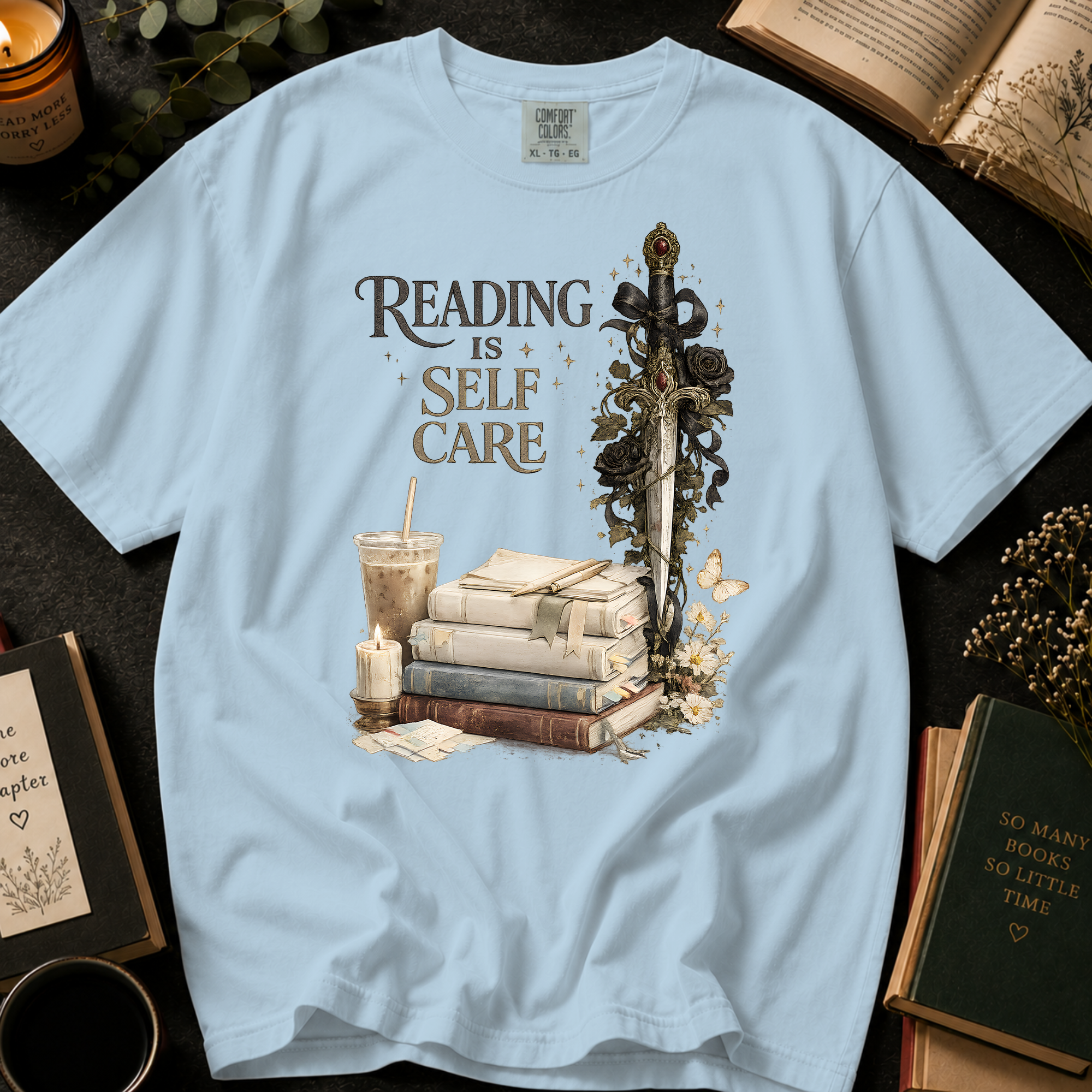Reading Is Self Care T-Shirt: Gothic Dagger and Black Roses in Chambray - Comfort Colors® T-Shirt
