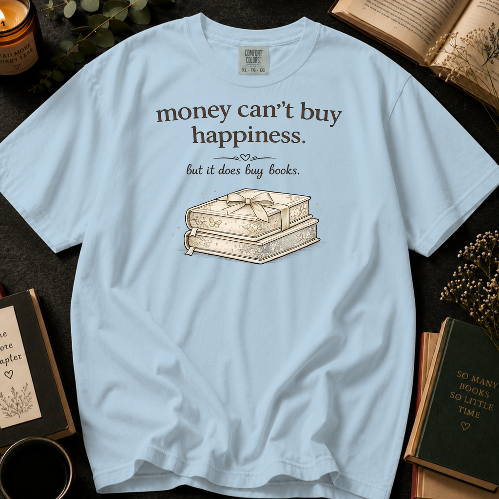 Money Can't Buy Happiness But It Does Buy Books T-Shirt: Gift Wrapped Stack in Chambray - Comfort Colors® T-Shirt