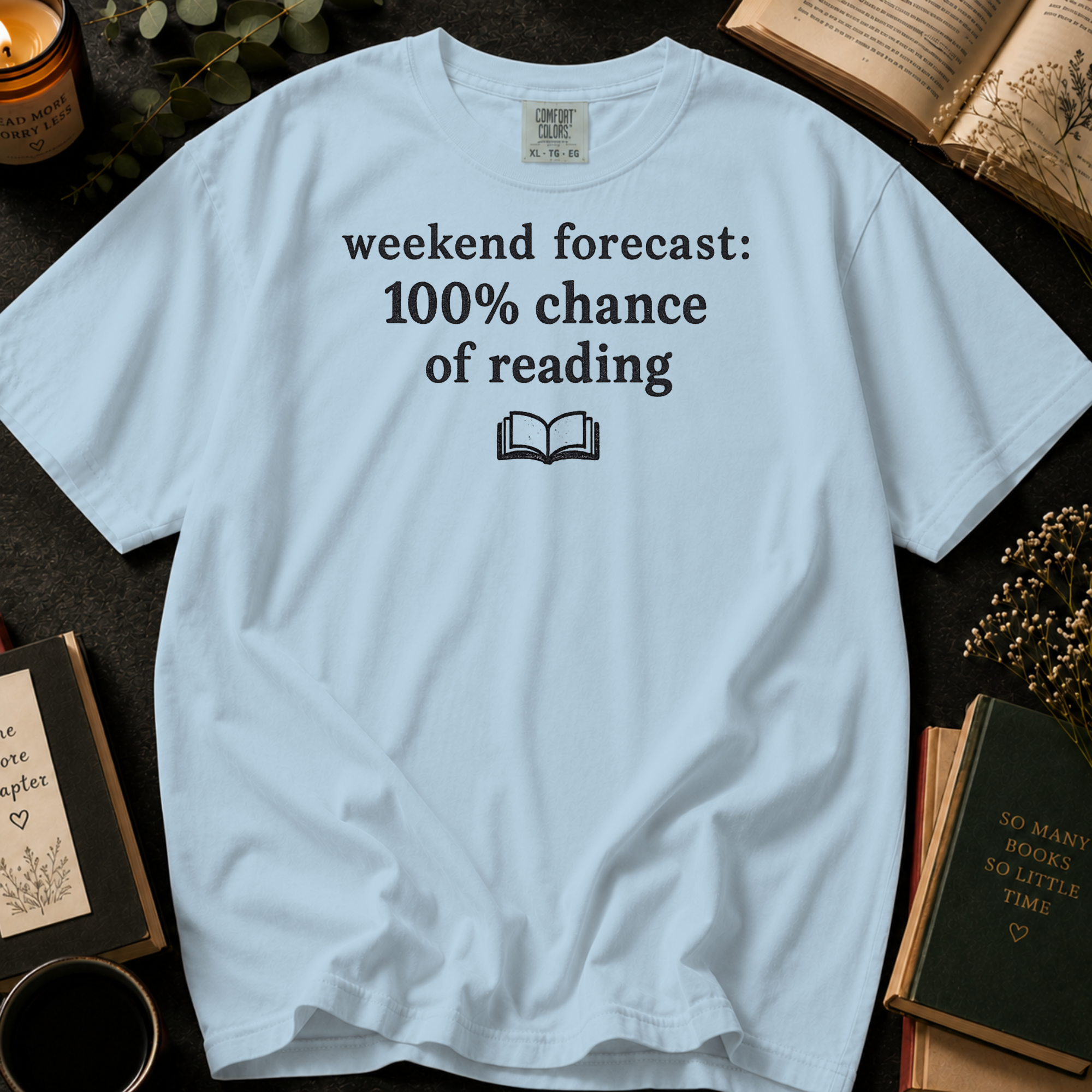 Weekend Forecast 100% Chance of Reading T-Shirt: Minimalist Book Lover in Chambray - Comfort Colors® T-Shirt