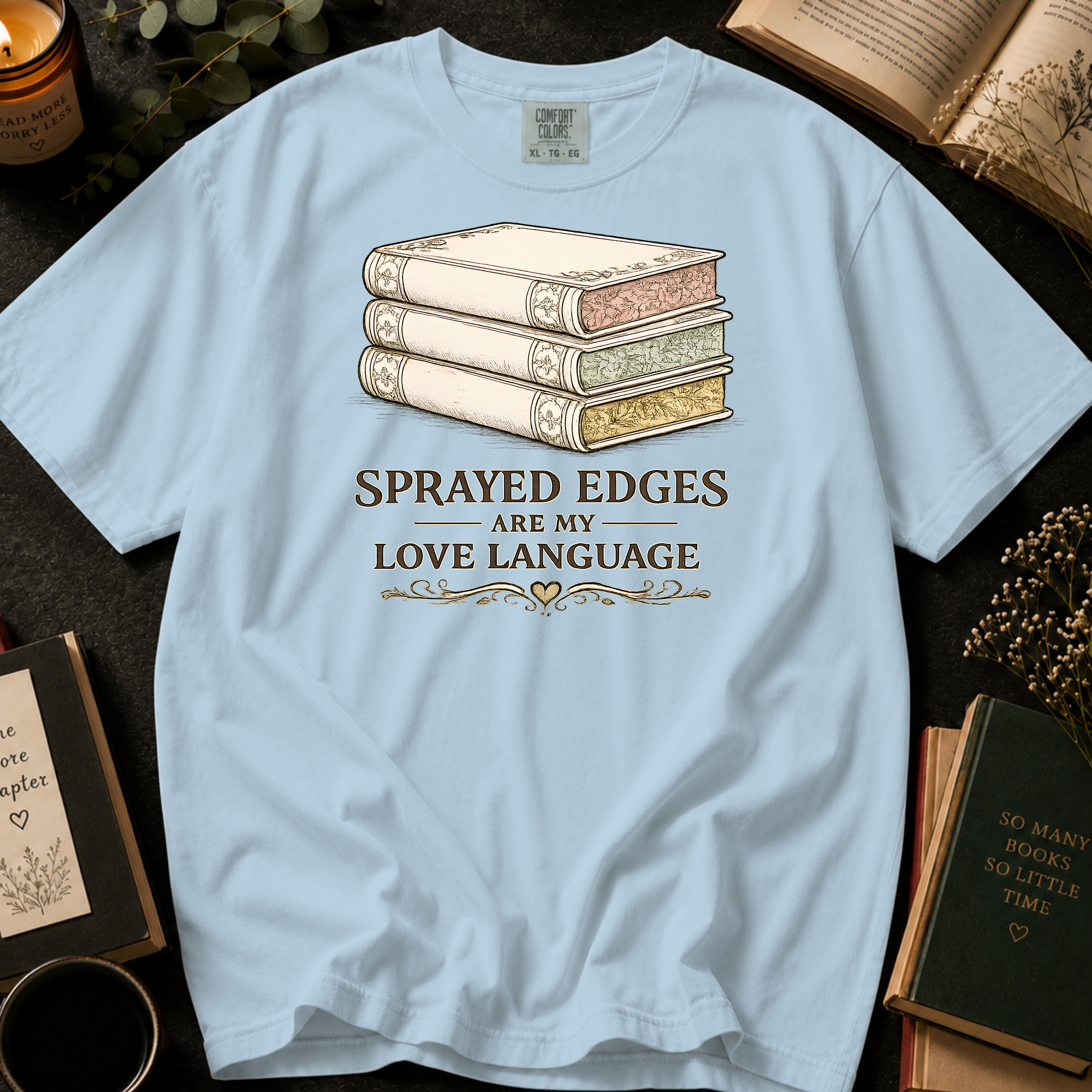 Sprayed Edges Are My Love Language T-Shirt: Vintage Book Stack in Chambray - Comfort Colors® T-Shirt