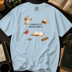 Coffee Icy, Books Spicy T-Shirt: Cinnamon and Chili in Chambray - Comfort Colors® T-Shirt