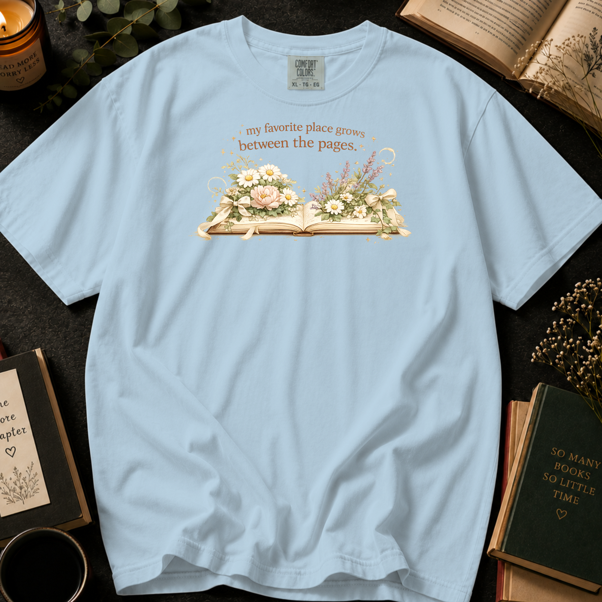 My Favorite Place Grows Between the Pages T-Shirt: Floral Open Book in Chambray - Comfort Colors® T-Shirt