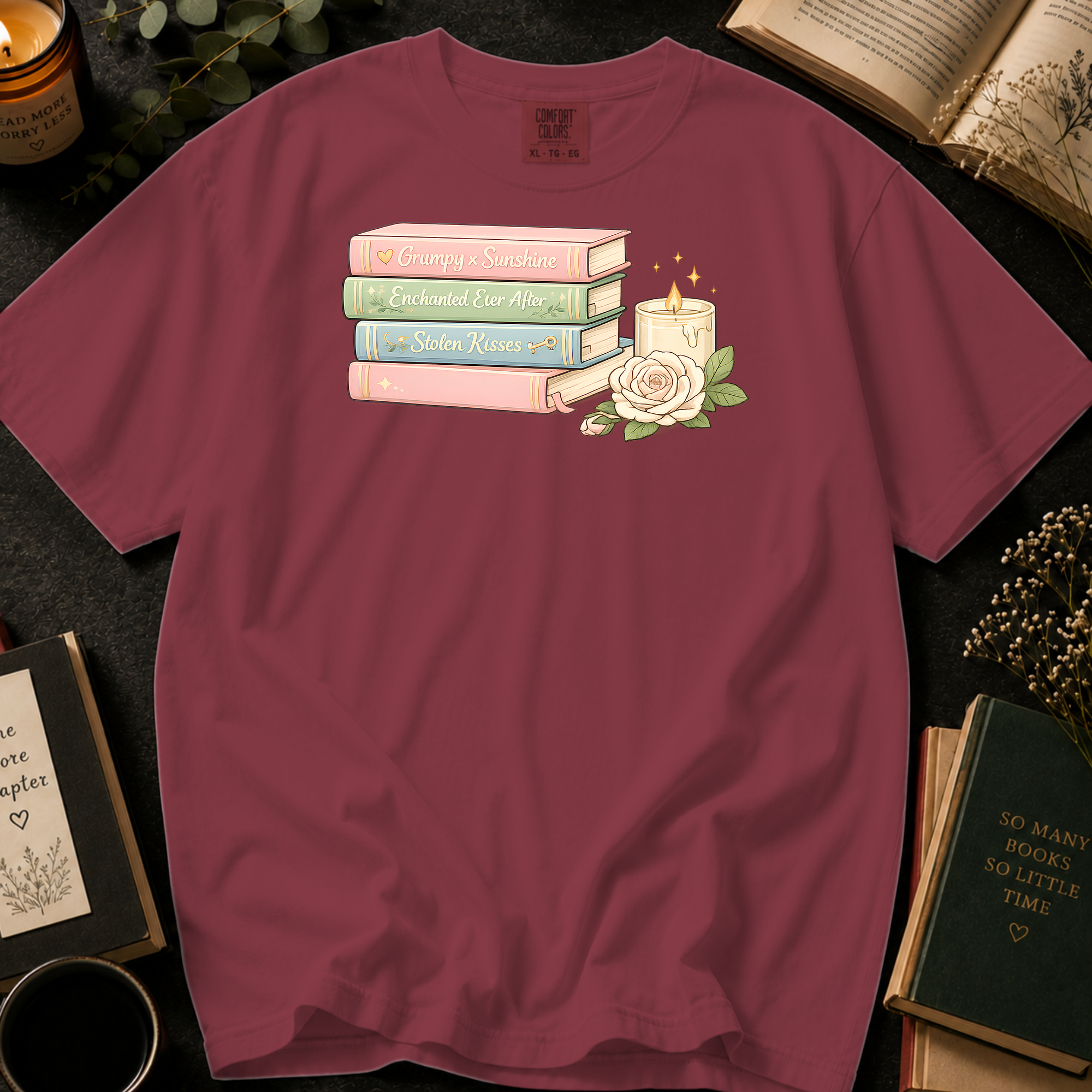 Grumpy x Sunshine T-Shirt: Pastel Romance Book Stack in Chili - Comfort Colors® T-Shirt