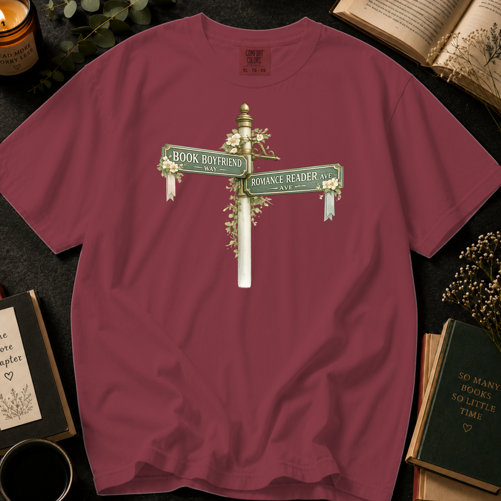 Book Boyfriend Way and Romance Reader Ave T-Shirt: Vintage Street Sign in Chili - Comfort Colors® T-Shirt