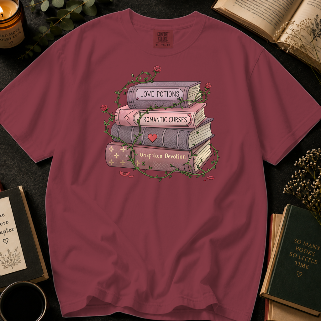 Love Potions and Romantic Curses T-Shirt: Rose Wrapped Book Stack in Chili - Comfort Colors® T-Shirt