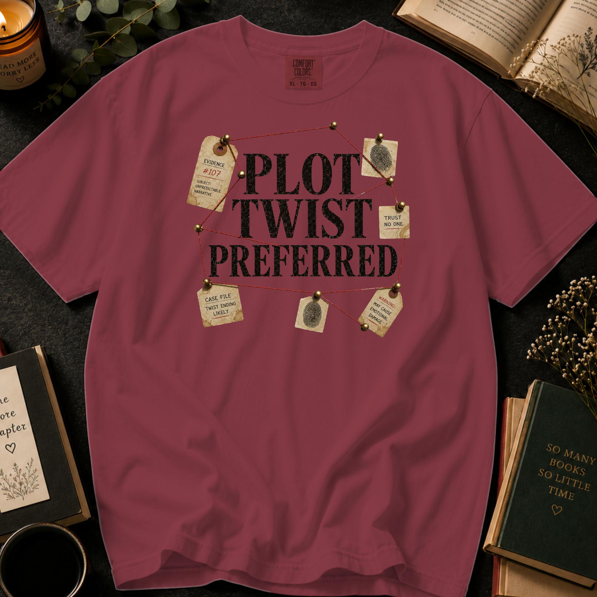 Plot Twist Preferred T-Shirt: Detective Evidence Board in Chili - Comfort Colors® T-Shirt