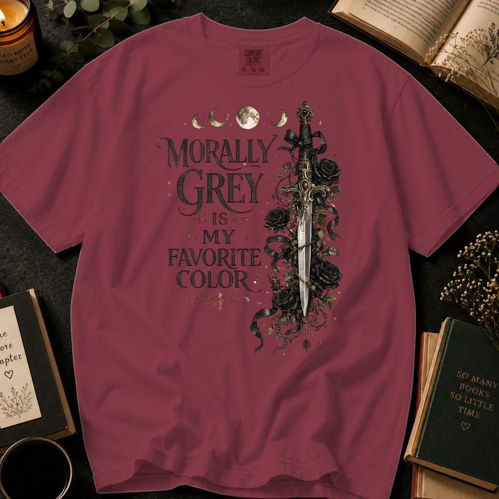 Morally Grey Is My Favorite Color T-Shirt: Gothic Dagger and Roses in Chili - Comfort Colors® T-Shirt