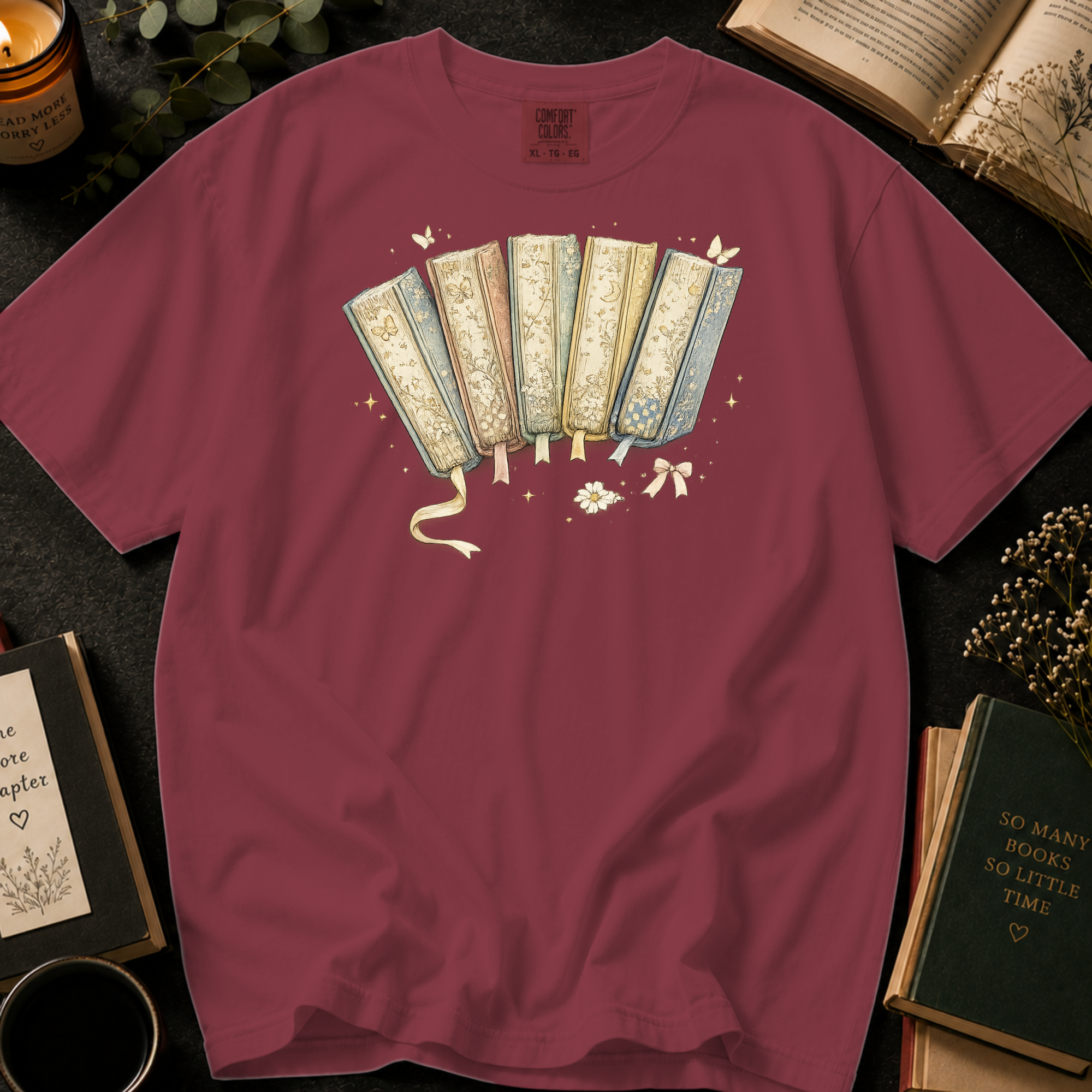 Vintage Floral Book Spines T-Shirt: Storybook Fan in Chili - Comfort Colors® T-Shirt