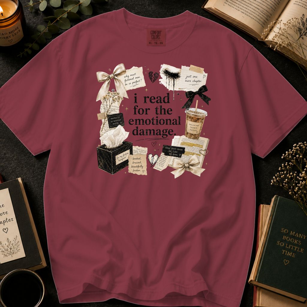 I Read For The Emotional Damage T-Shirt: Book Lover Collage in Chili - Comfort Colors® T-Shirt