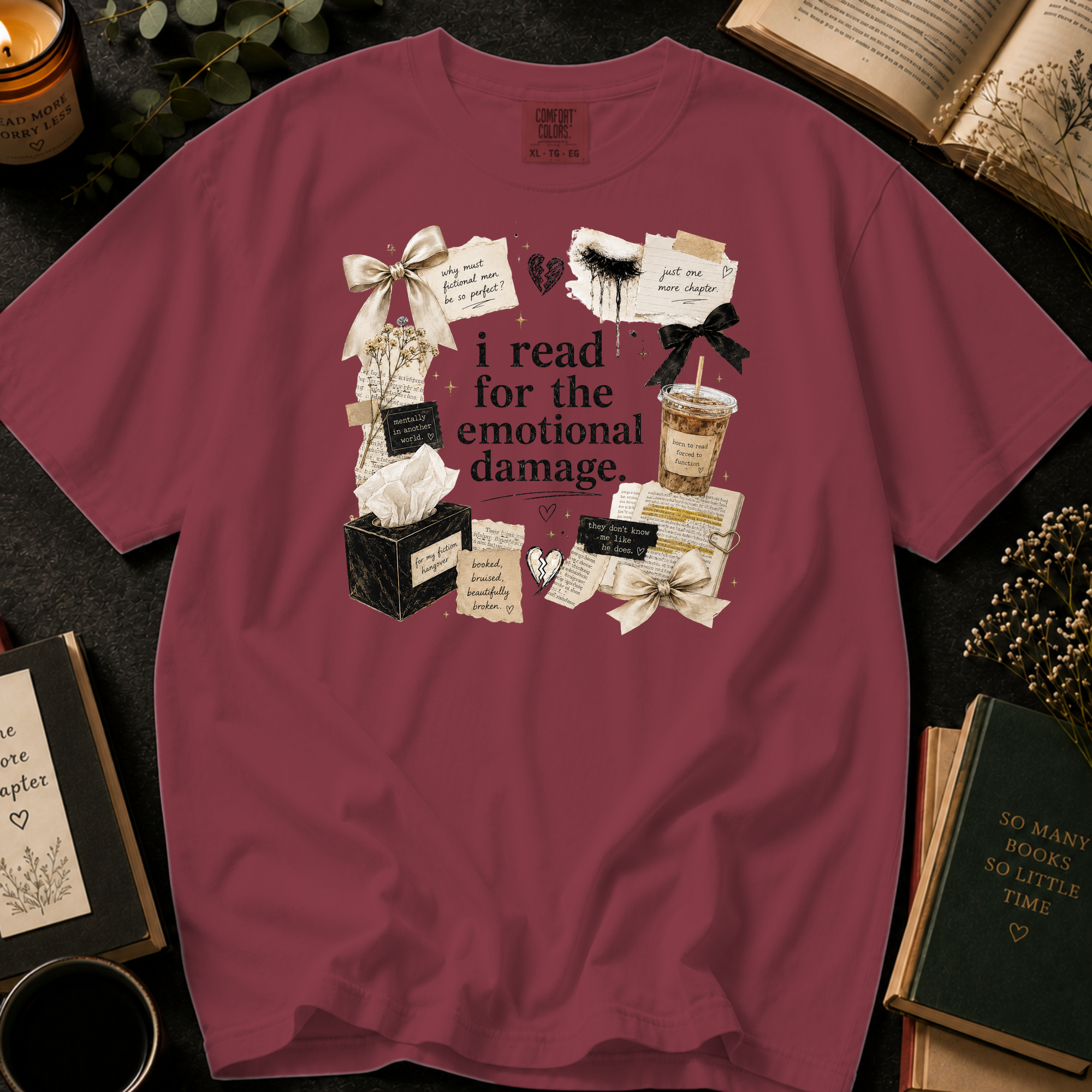 I Read For The Emotional Damage T-Shirt: Book Lover Collage in Chili - Comfort Colors® T-Shirt