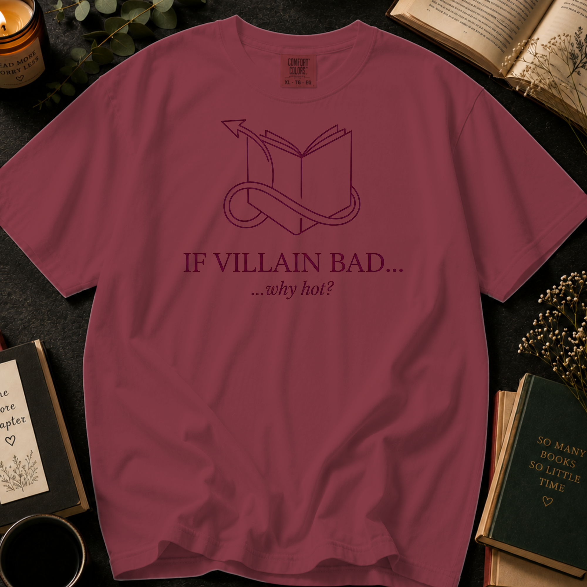 If Villain Bad Why Hot T-Shirt: Line Art Devil Tail Book in Chili - Comfort Colors® T-Shirt